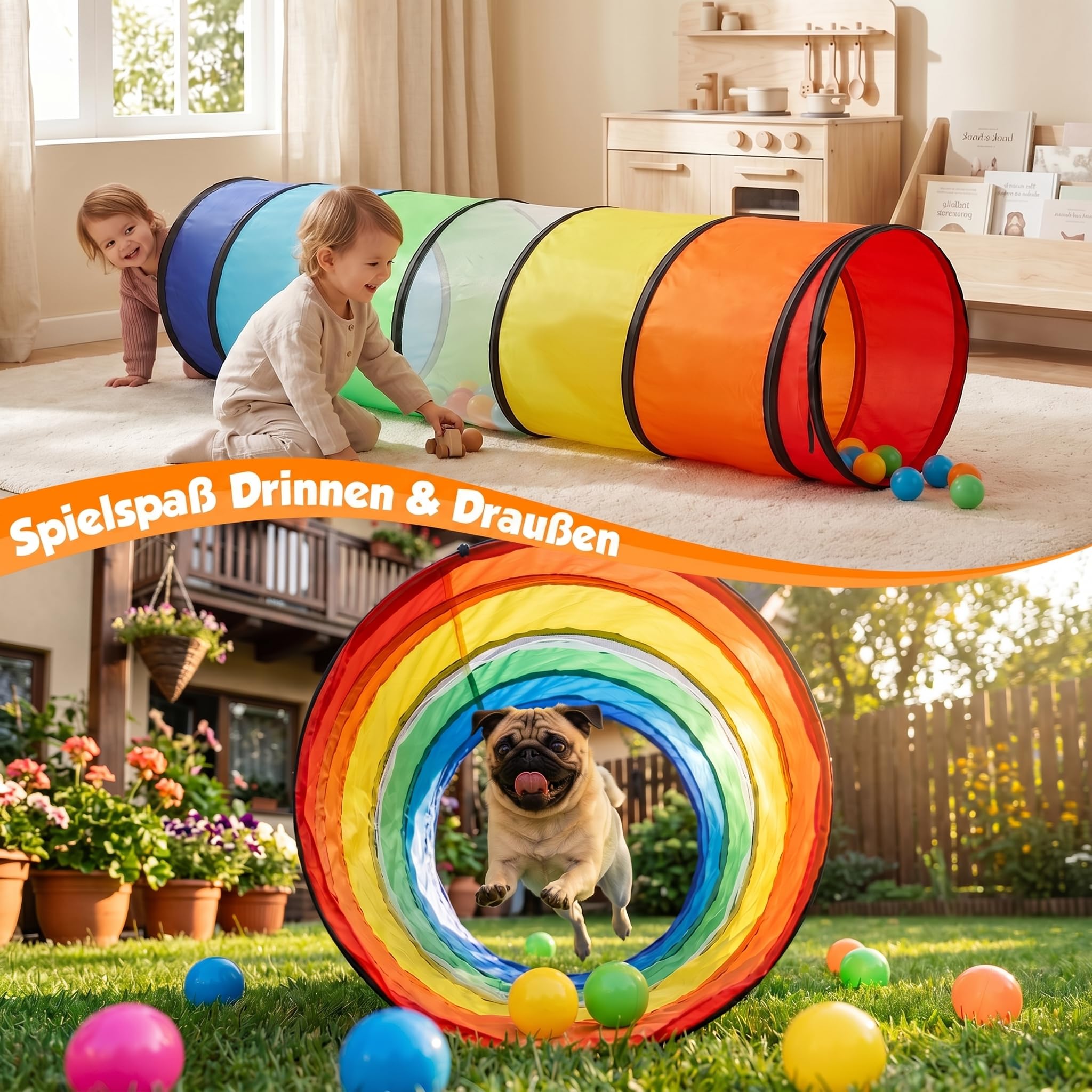 Wilwolfer Tunnel für Kinder - Spielzelt für Draußen mit Mesh-Seiten - 180cm Tunnel für Kinder motorische Fähigkeiten Baby-Krabbel-Spielzeug Klappbares Pop-up-Spielzeuggeschenk für Tiere (Regenbogen)