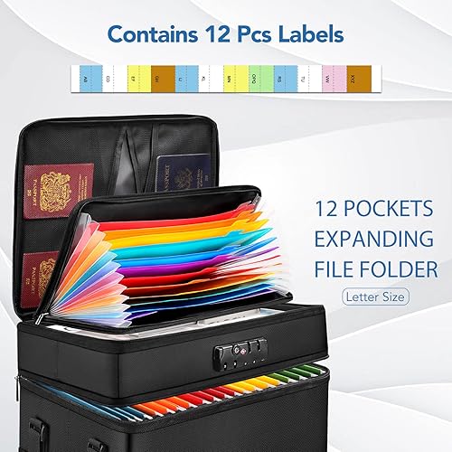 Miniatura 8 de ELOBOON Bolsa de documentos ignífuga con cerradura y caja de documentos ignífuga con organizador de archivos acordeanos de 13 bolsillos