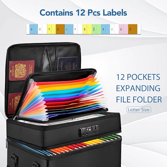 Fireproof Document Box with 13 Pocket Accordian File Folder