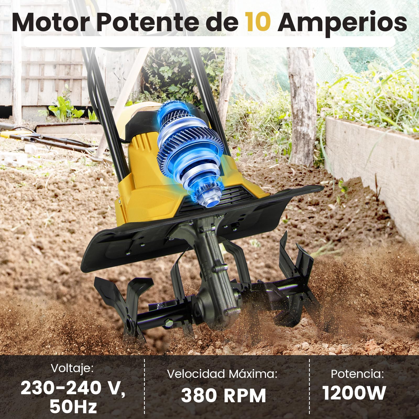 COSTWAY Motoazada Eléctrica, Rotocultivador Plegable Potente con Ancho de Labranza de 36cm y Profundidad de Trabajo de 22cm, Máquina de Jardinería para Excavar Suelo de Césped (Amarillo,1200W)