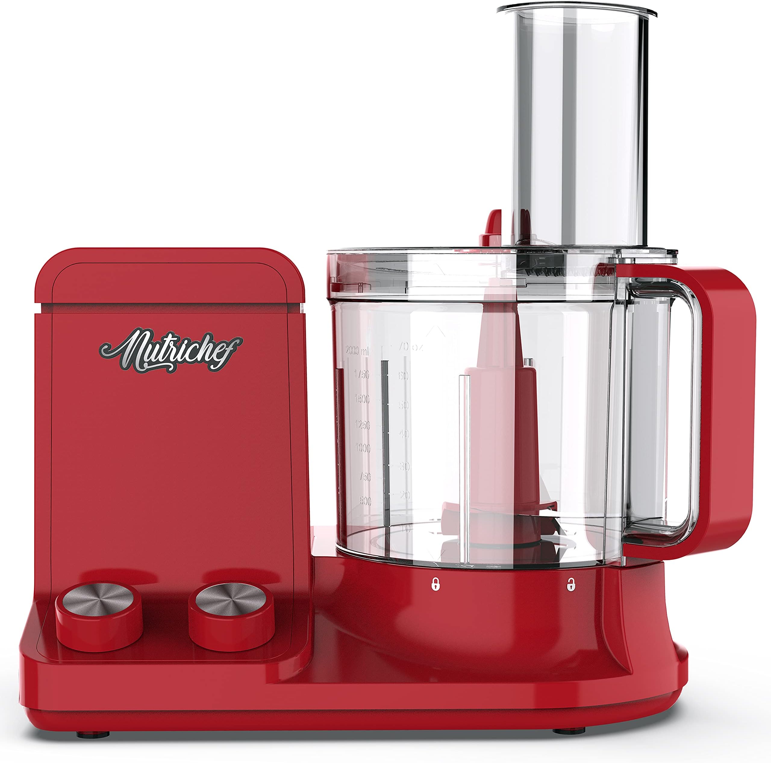 NutriChef Food Processor 12-Cup Capacity - Multipurpose Kitchen Appliance with Ultra-Quiet Motor, Includes 6 Attachment Blades & Silicone Feet for Enhanced Stability (Red)