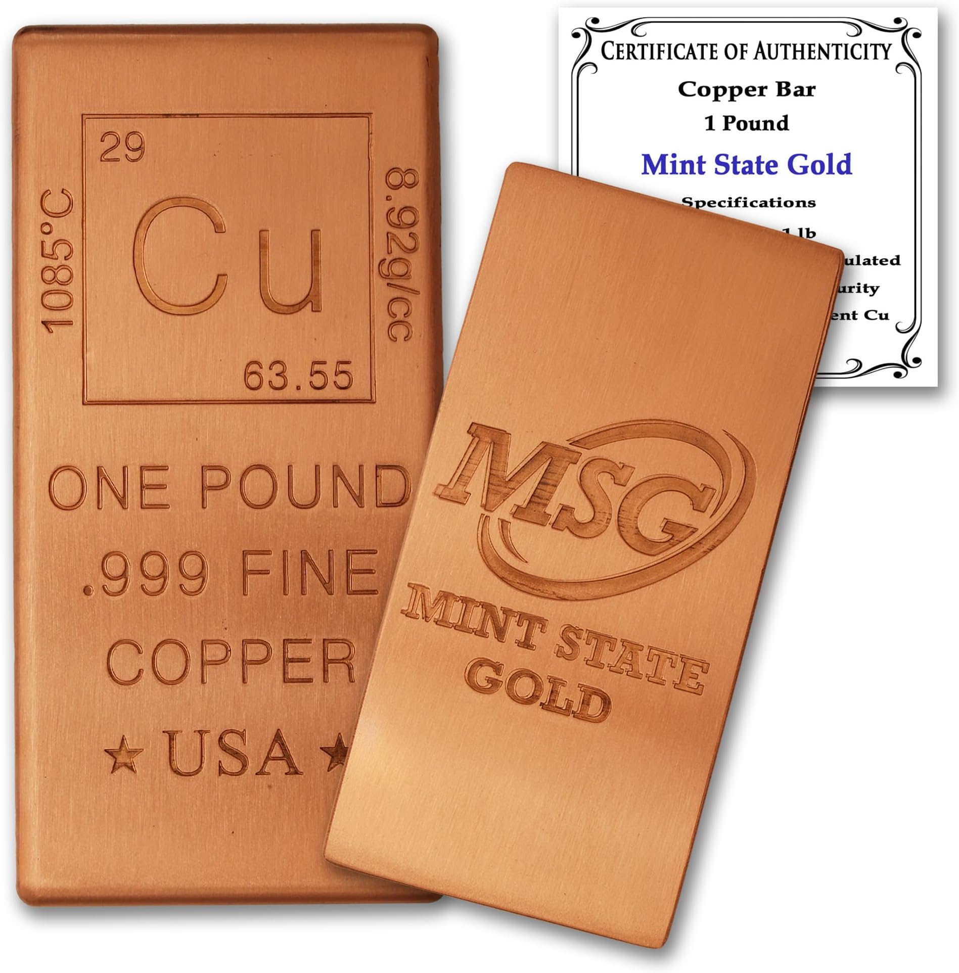 1 lb Copper Bar (Flat Style) .999 Pure Bullion with Periodic Table Element Design (1 Pound) by Mint State Gold