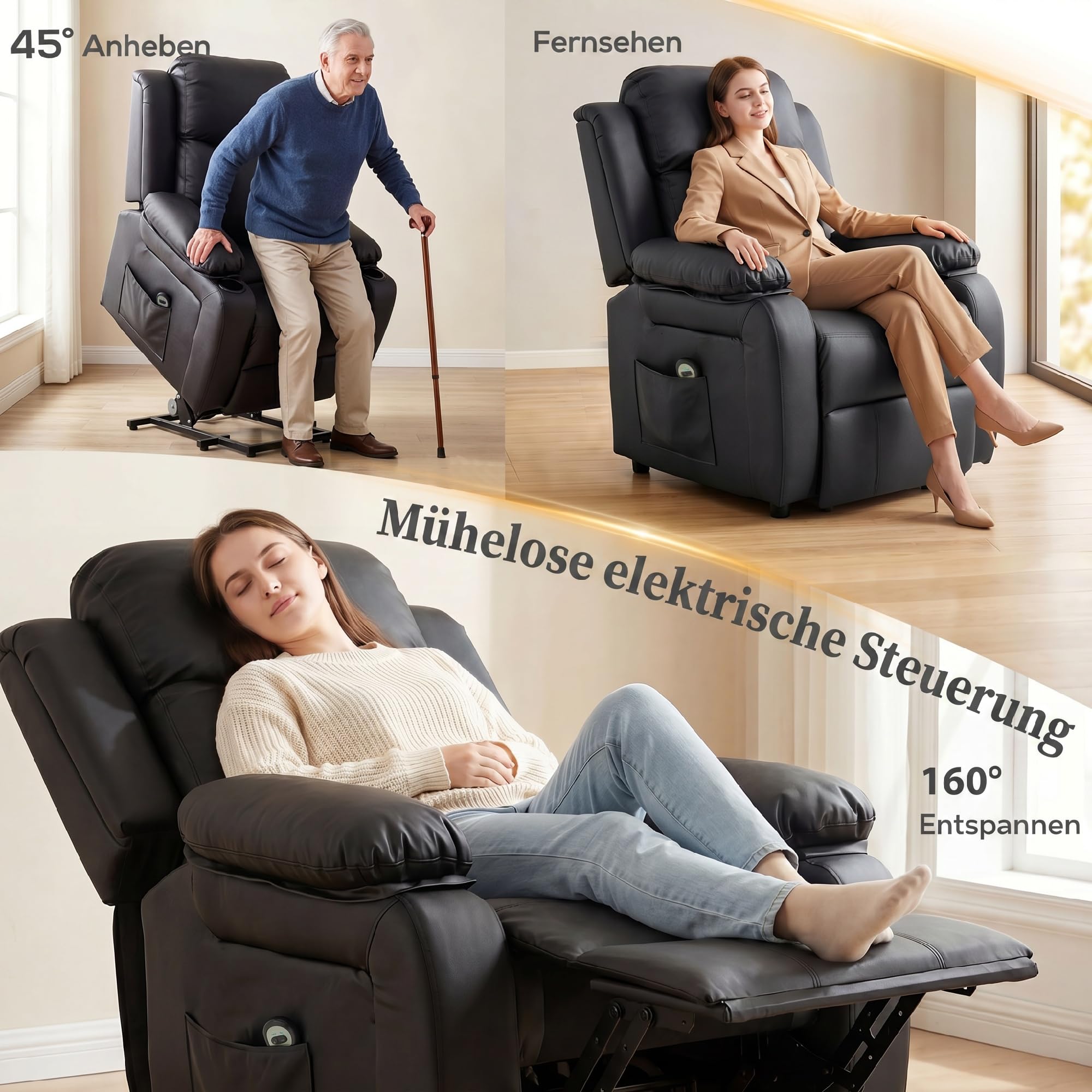 HOMCOM Fauteuil releveur électrique, Fauteuil Relax électrique avec Repose-Pied, Dossier inclinable, télécommande et Poches latérales, revêtement en PU, pour Personnes âgées, Noir