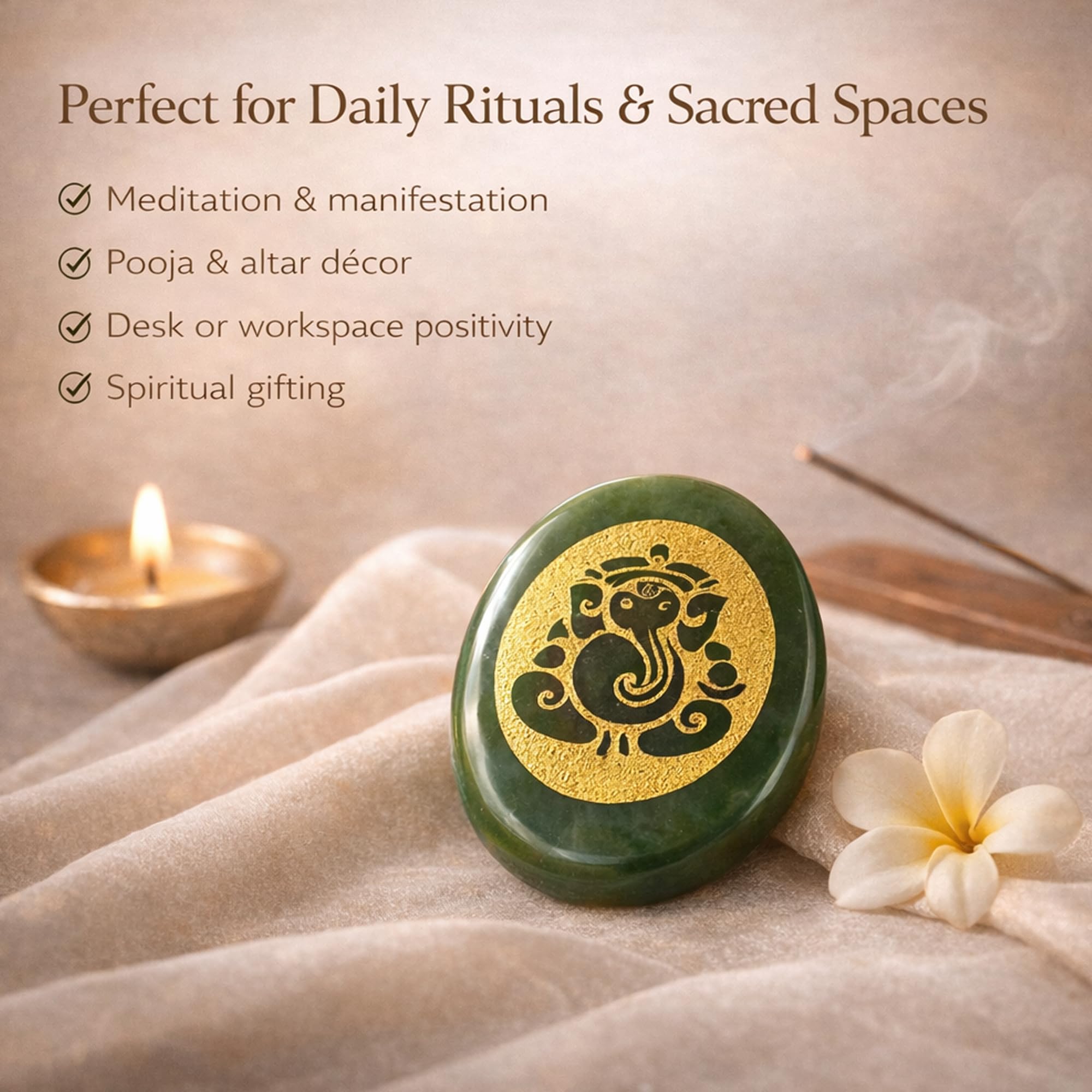 SEREIN Shri Ganesha Green Jade Zibu Coin Stone with Golden Engraved Ganesh Symbol for Prosperity, Wisdom Ganpati Bapa Good Luck Coins Meditation Pooja Altar Office Desk Positive Energy Gift 4