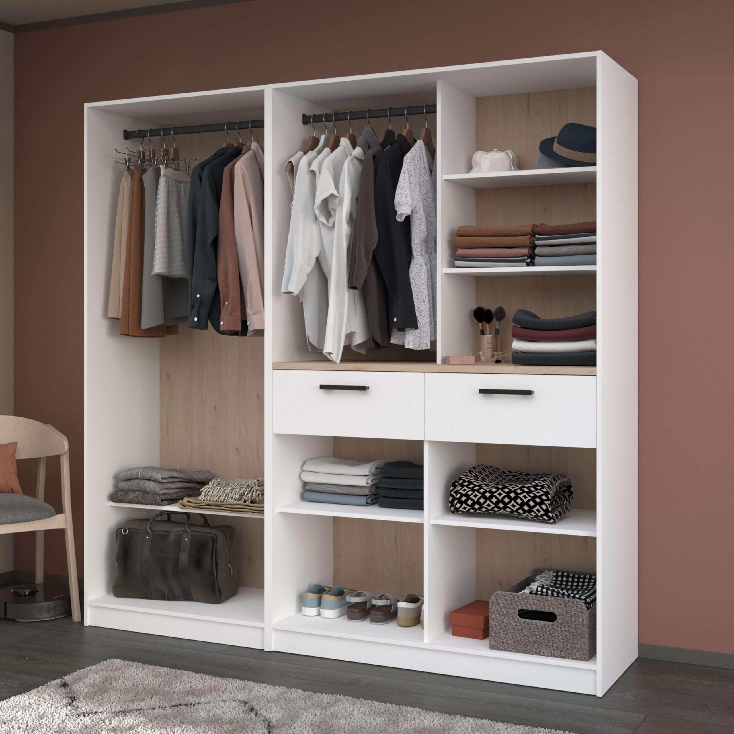 Miroytengo Vestidor Abierto Modular Flexa Dormitorio Roble Jackson Blanco Mate 2 Cajones 5 Estantes 2 Barras 203x200 cm
