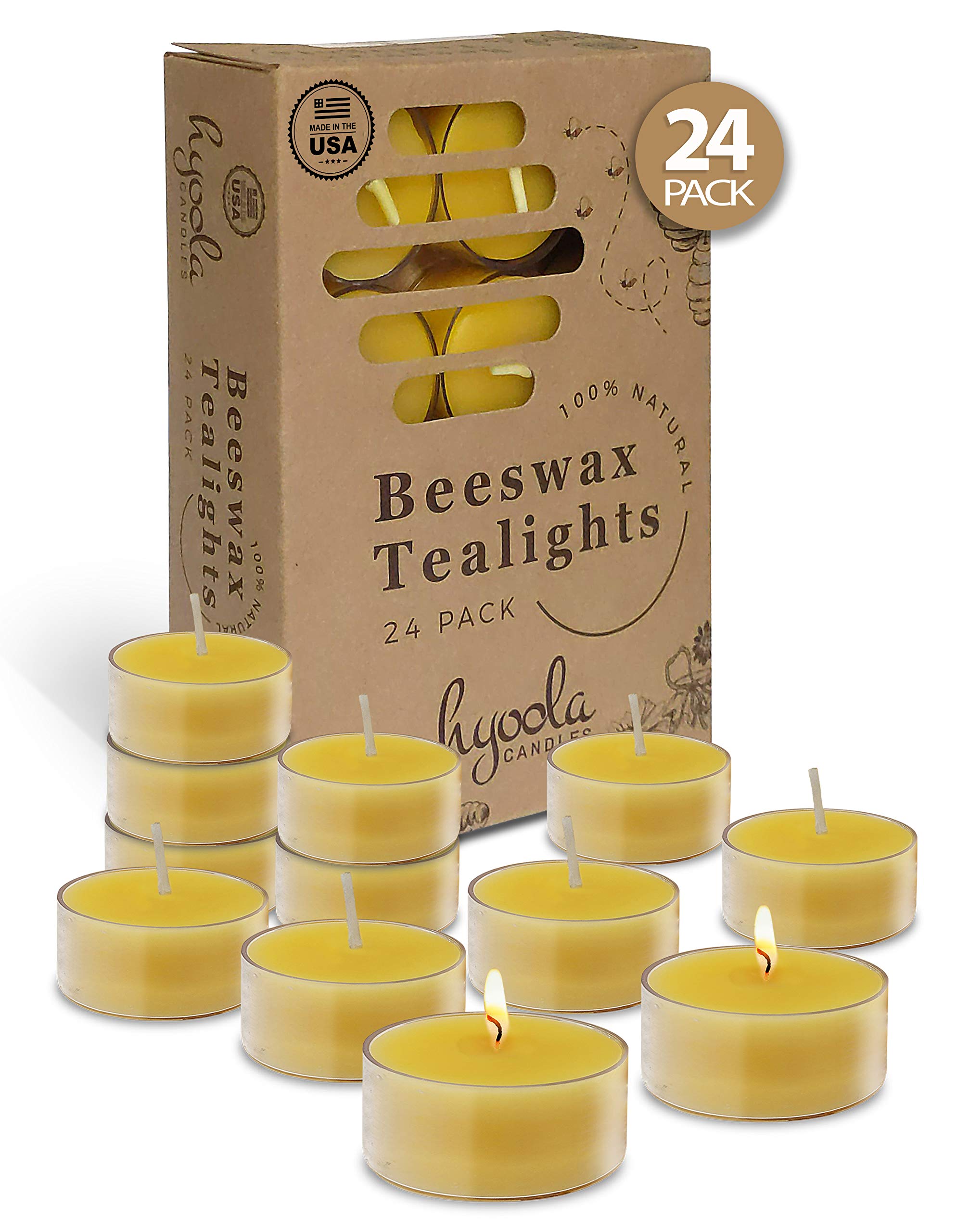 Hyoola Yellow Beeswax Tea Light Candles - 24 Pack - Decorative Unscented Natural Tealight Candles for Home,Centerpieces - 4 Hour Burn Time, Clear Cup