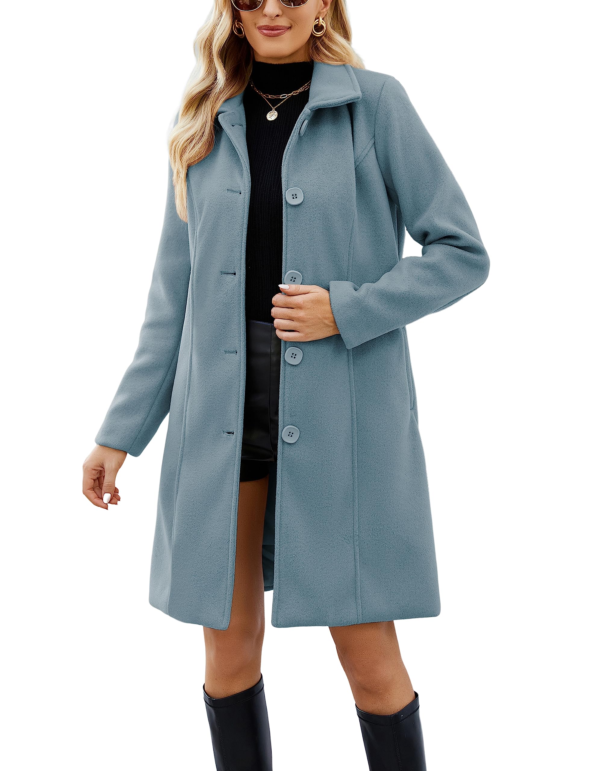 SpringrainWomens Pea Coat Elegant Overcoat Single Breasted Winter Coat Dress Coat with Pockets
