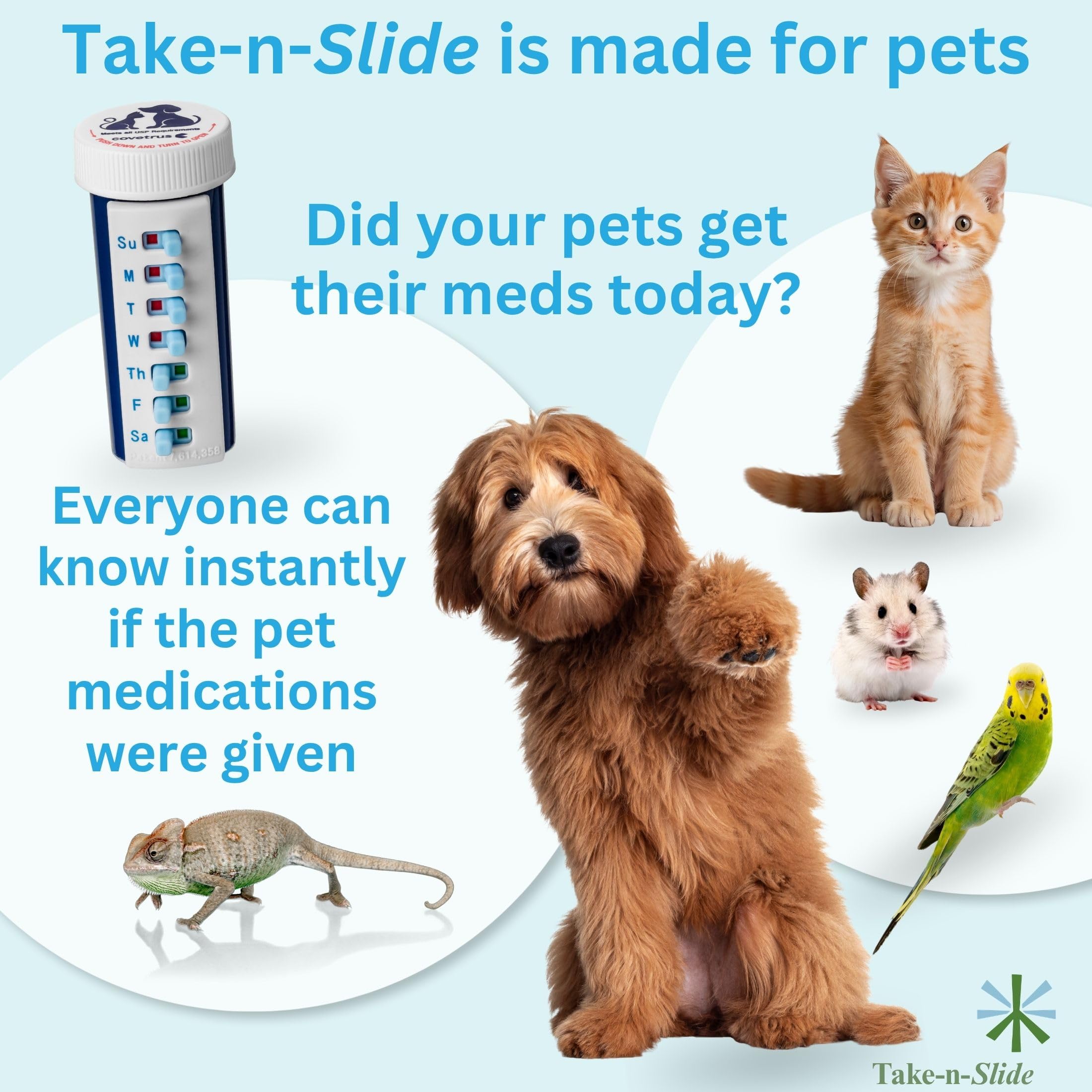 Take-n-Slide - Paquete de 5 rastreadores de medicamentos y recordatorios, reutilizables para despegar y pegar, se adhieren a tu botella, medicamentos para 7 días, vitaminas, mascotas, organizador de