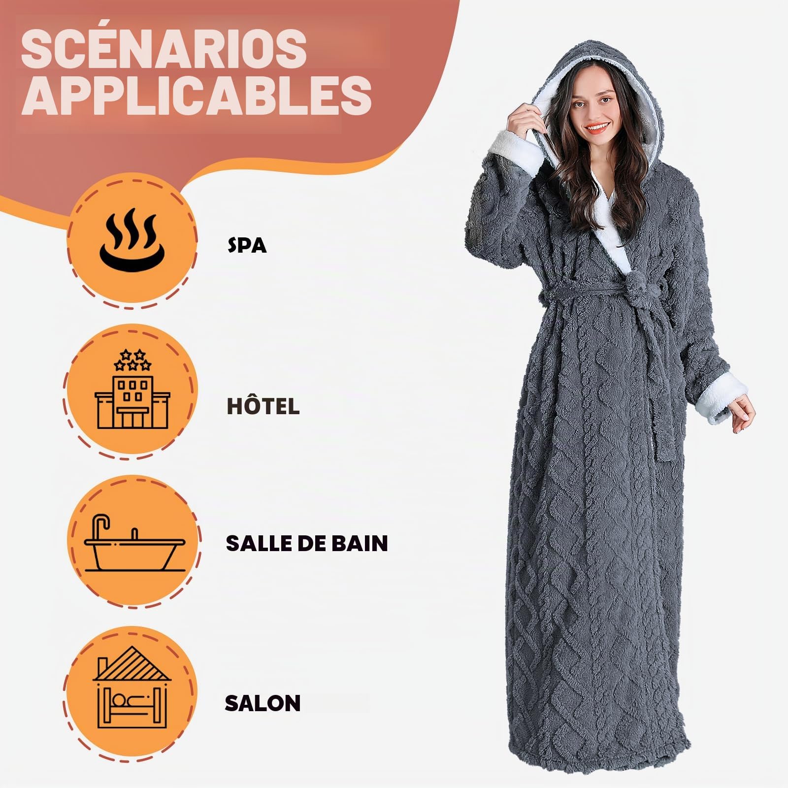 Oksun Peignoir long en polaire pour femme Peignoir à capuche en jacquard doux et moelleux