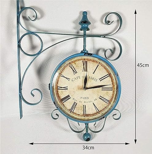 Miniatura 3 de Reloj de pared de doble cara, diseño vintage de hierro forjado, impermeable y silencioso, reloj retro de patio de 2 caras para exteriores, jardín,