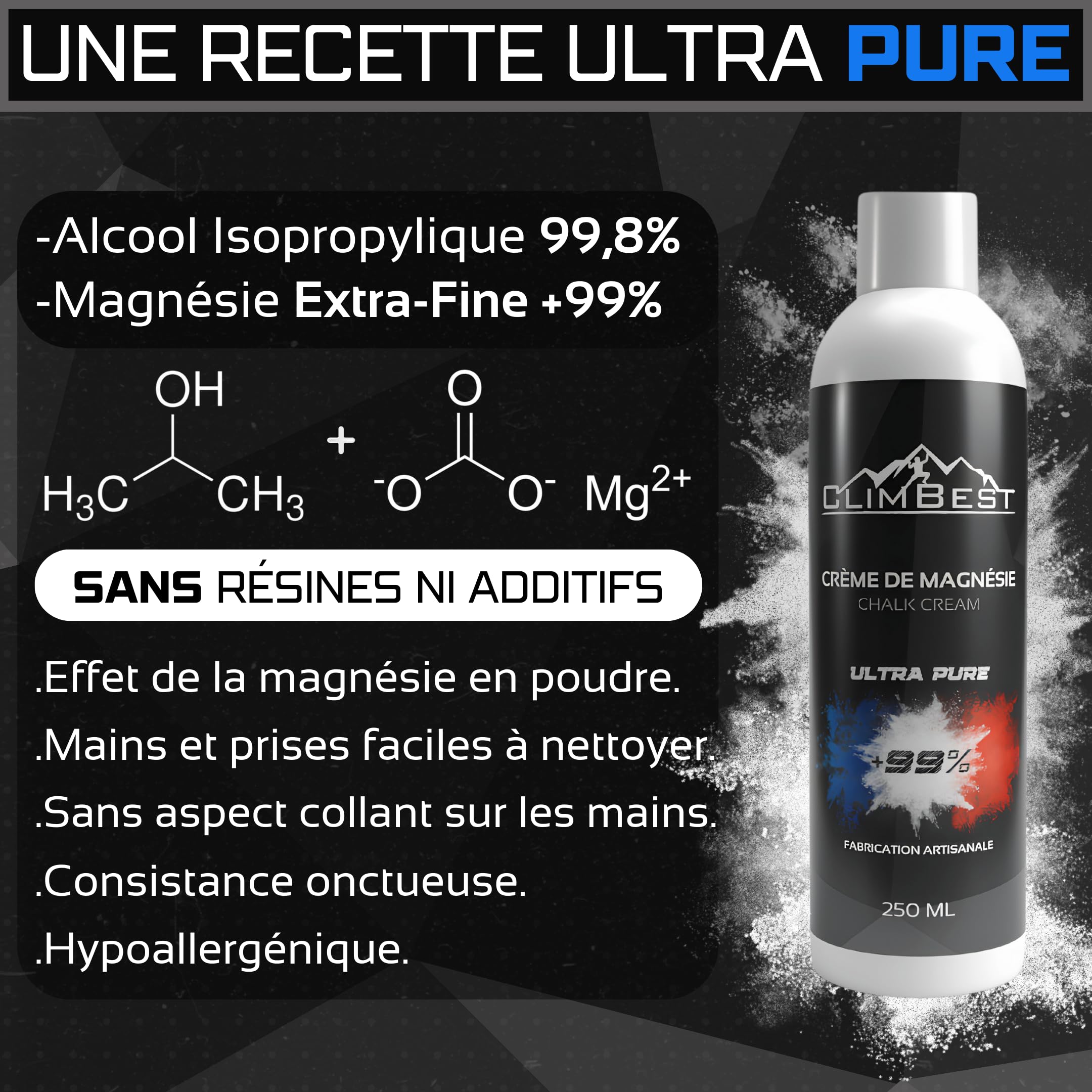 Magnésie Liquide 250ml/500mL/1L Ultra Pure - Fabriquée en France sans Résine - Nouvelle Formule - Escalade, Gymnastique, Street Workout, Musculation - Crème de Magnésie
