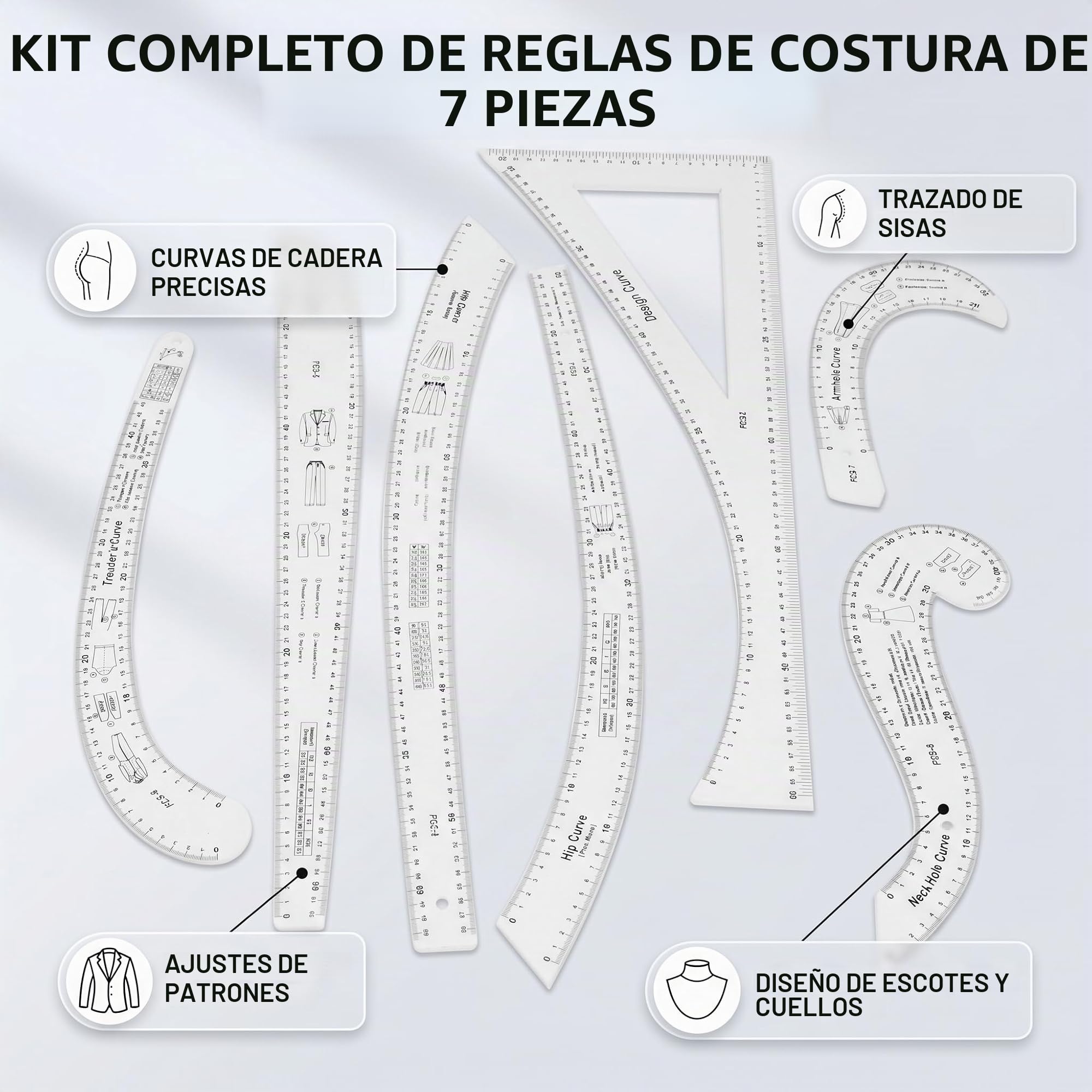 Juego de 7 Reglas Curvas Francesas para Diseño de Patrones, Costura y Confección de Moda, Material Acrílico