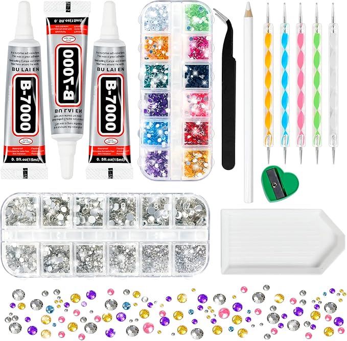 B7000 Adhesive Glue and Rhinestones, 3200 PCS Crystals AB