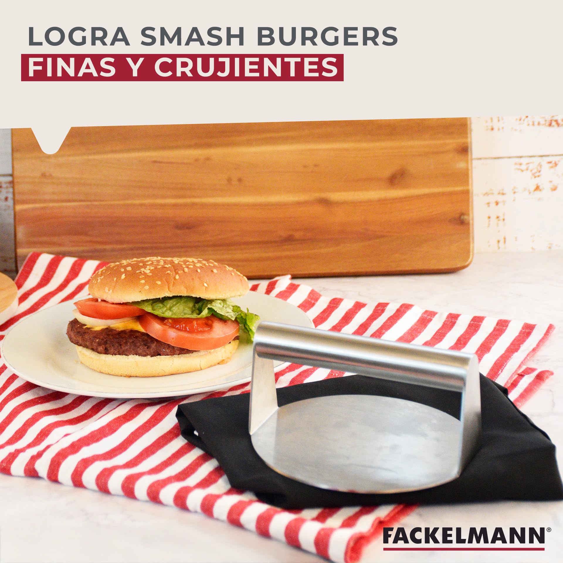 Fackelmann Prensador de Hamburguesas, Prensa para Smash Burger, Aplastador Antiadherente Profesional y Doméstico, Acero Inoxidable 430, Apto para Lavavajillas,14x7 cm, 1 ud.