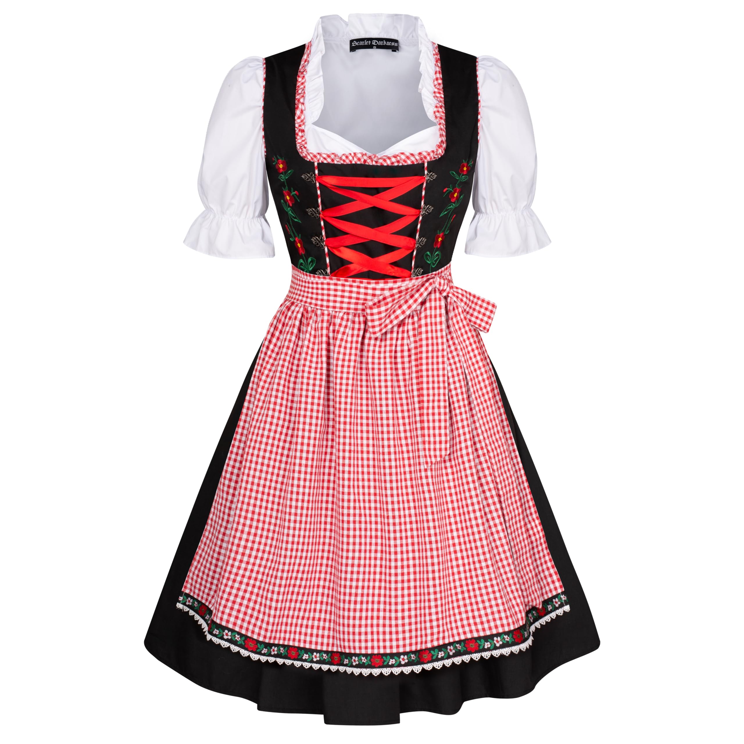 Scarlet Darkness Womens German Dirndl Costume Traditional Oktoberfest Festival Dress White with Plaid Red L