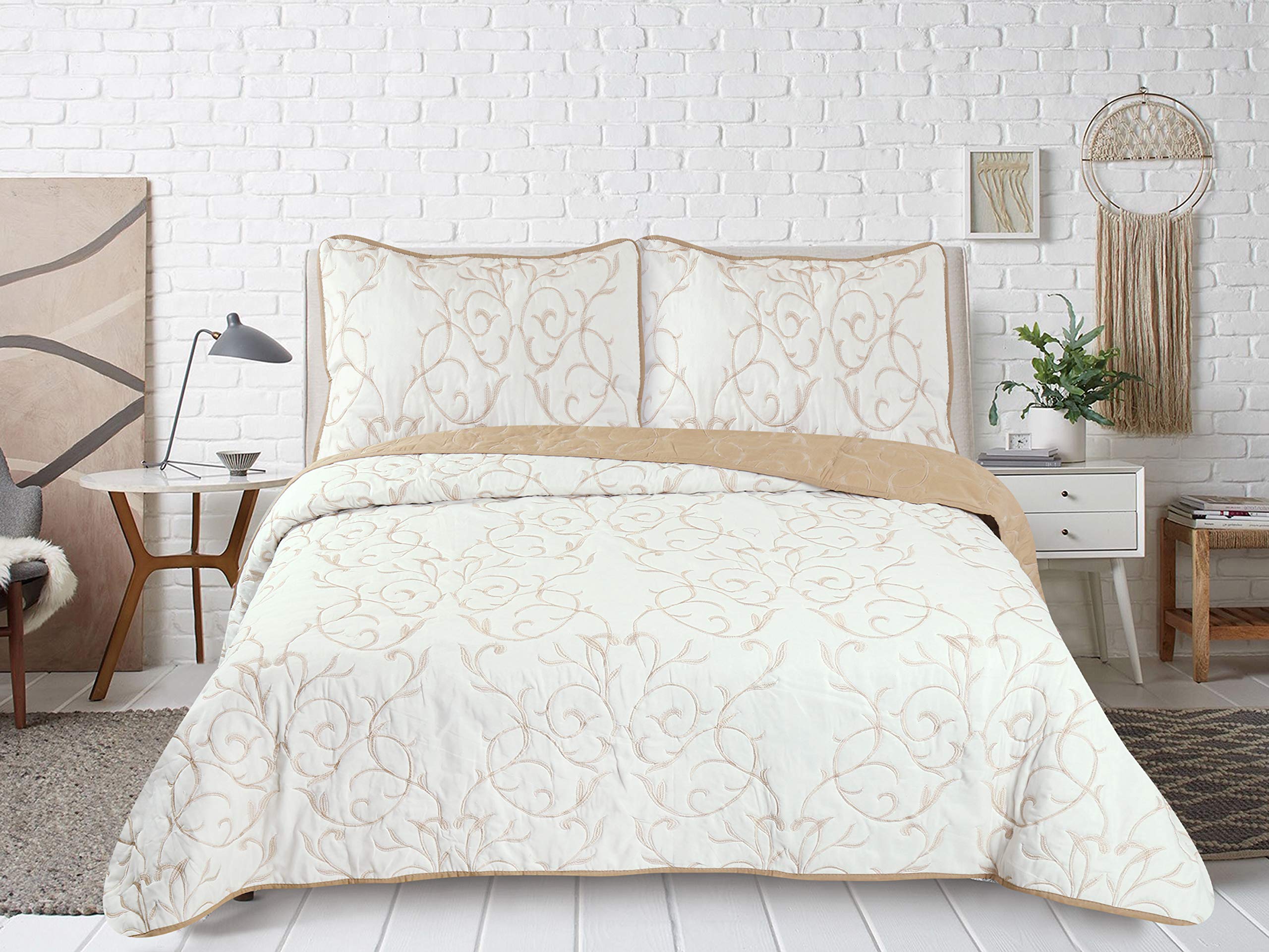 Marina Decoration Embroidered Stitching Coverlet Bedspread Ultra Soft Solid 3 Piece Summer Quilt Set with 2 Quilted Shams, Gold Branch Color Queen/Full Size