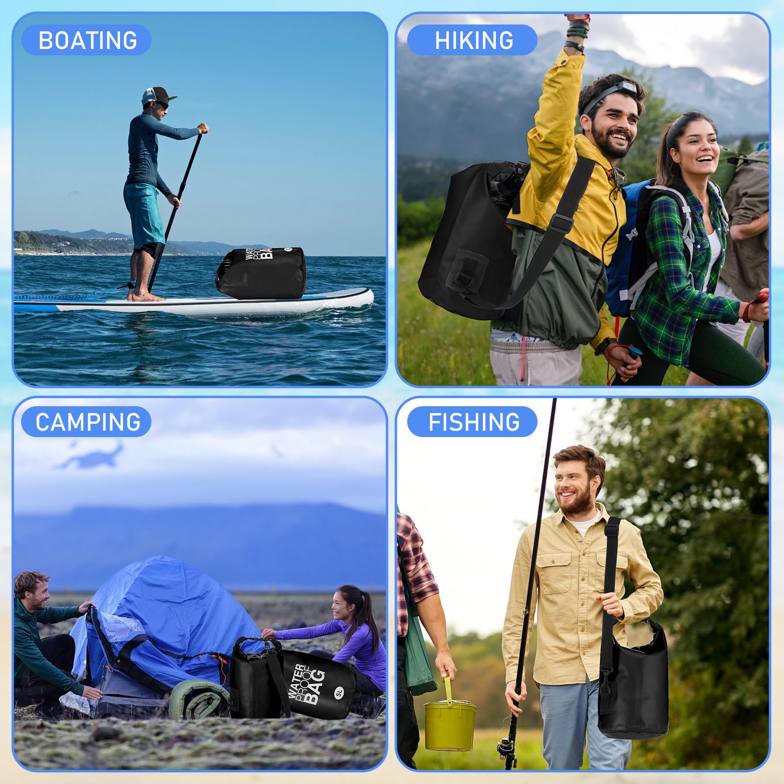 Jexine Confezione da 10 sacchetti impermeabili da 5 l, ultraleggeri, ermetici, in ripstop, da campeggio, per backpacking, kayak, escursionismo, nuoto, pesca, rafting, canottaggio (nero)