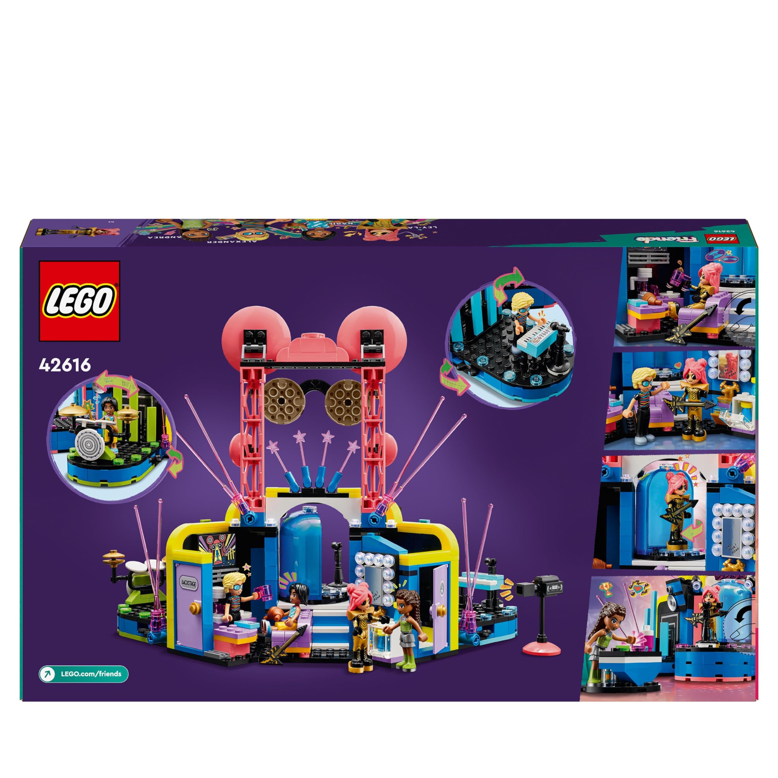 LEGO Friends Pokaz talentów muzycznych w Heartlake, zabawka do budowania dla dziecka, dla dziewczynki i chłopca, zestaw z gitarą i keyboardem, 4 postaci, w tym Andrea, prezent dla 7-latki, 42616