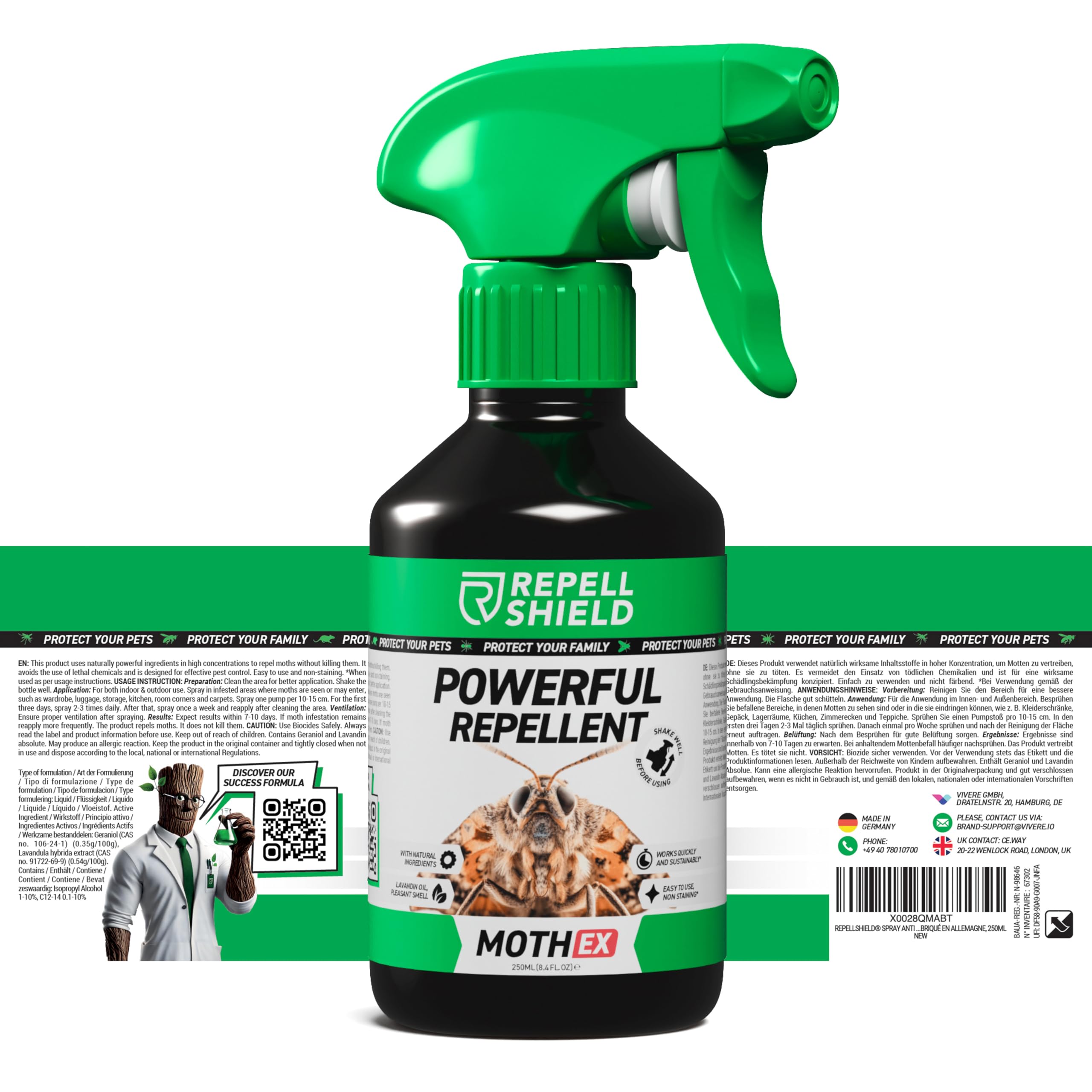 RepellShield® Lavande Spray Anti Mites Textiles -250ml- Non Tachant - Aux Huiles Essentielles Naturelles - Barrière Répulsive Anti Mites Vetements pour Penderie, Armoires, Literie, Rideaux, Tapis