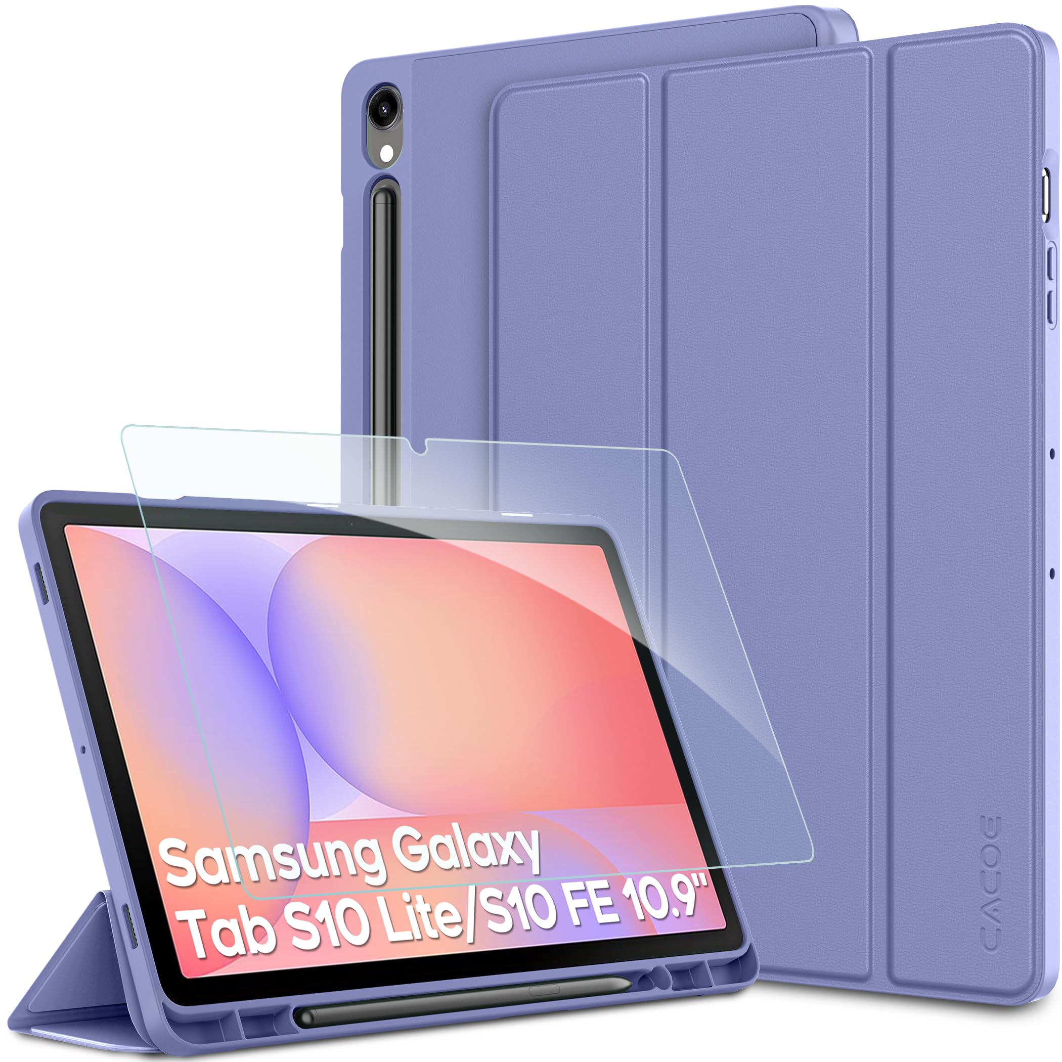 CACOE Hülle für Samsung Galaxy Tab S10 Lite 10.9" 2025/ S10 FE 10.9" 2025/ S9 FE 10.9" /S9 11 Zoll mit Schutzfolie - Ultra Dünn mit S Pen Halter PU Leder, Glyzinienlila