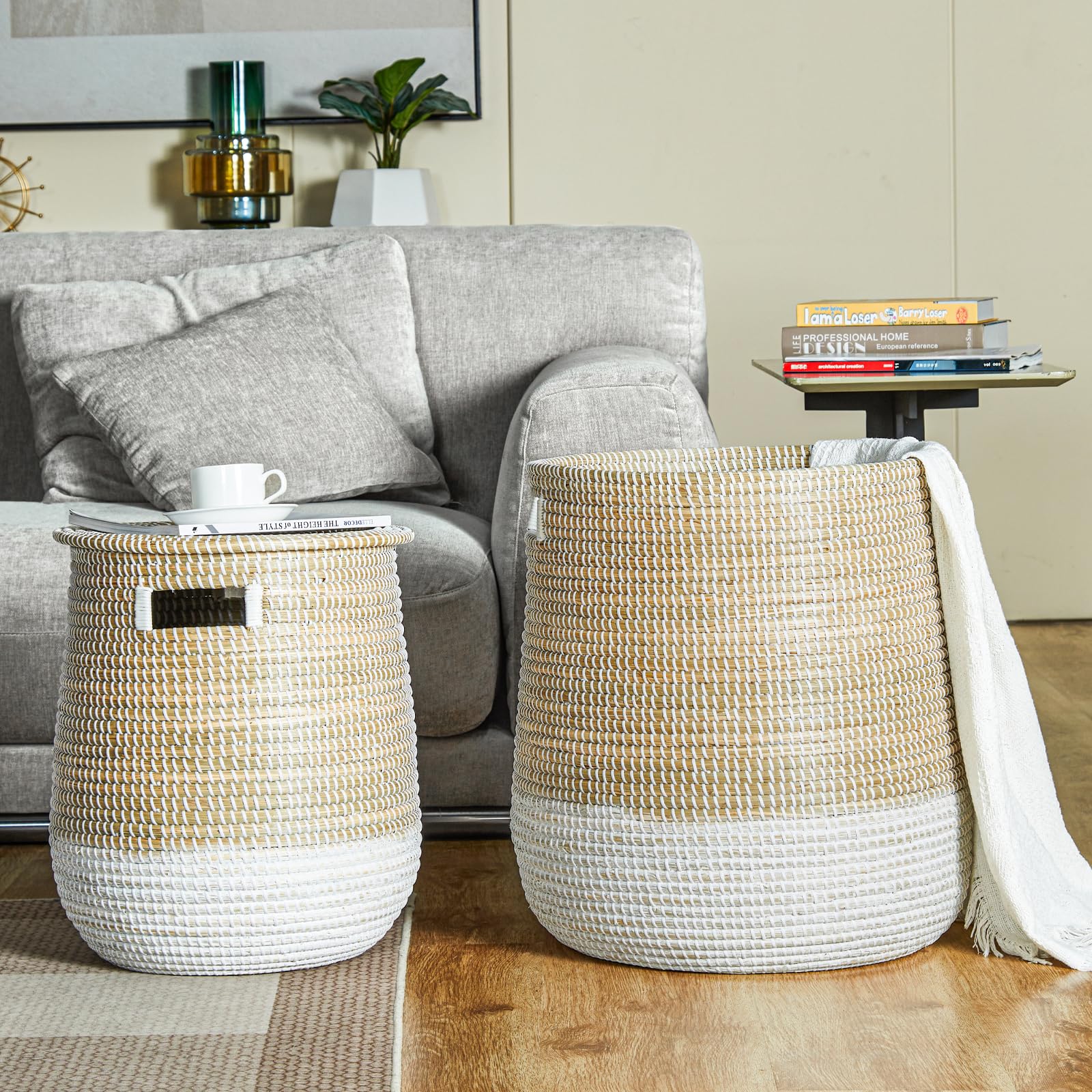 Cesto Portabiancheria Grande con Coperchio, Cesto Intrecciato in Alghe Marine, Adatto per Riporre Vestiti, Giocattoli e Cuscini, Bianco e Marrone, 45,14 L/86,38 L