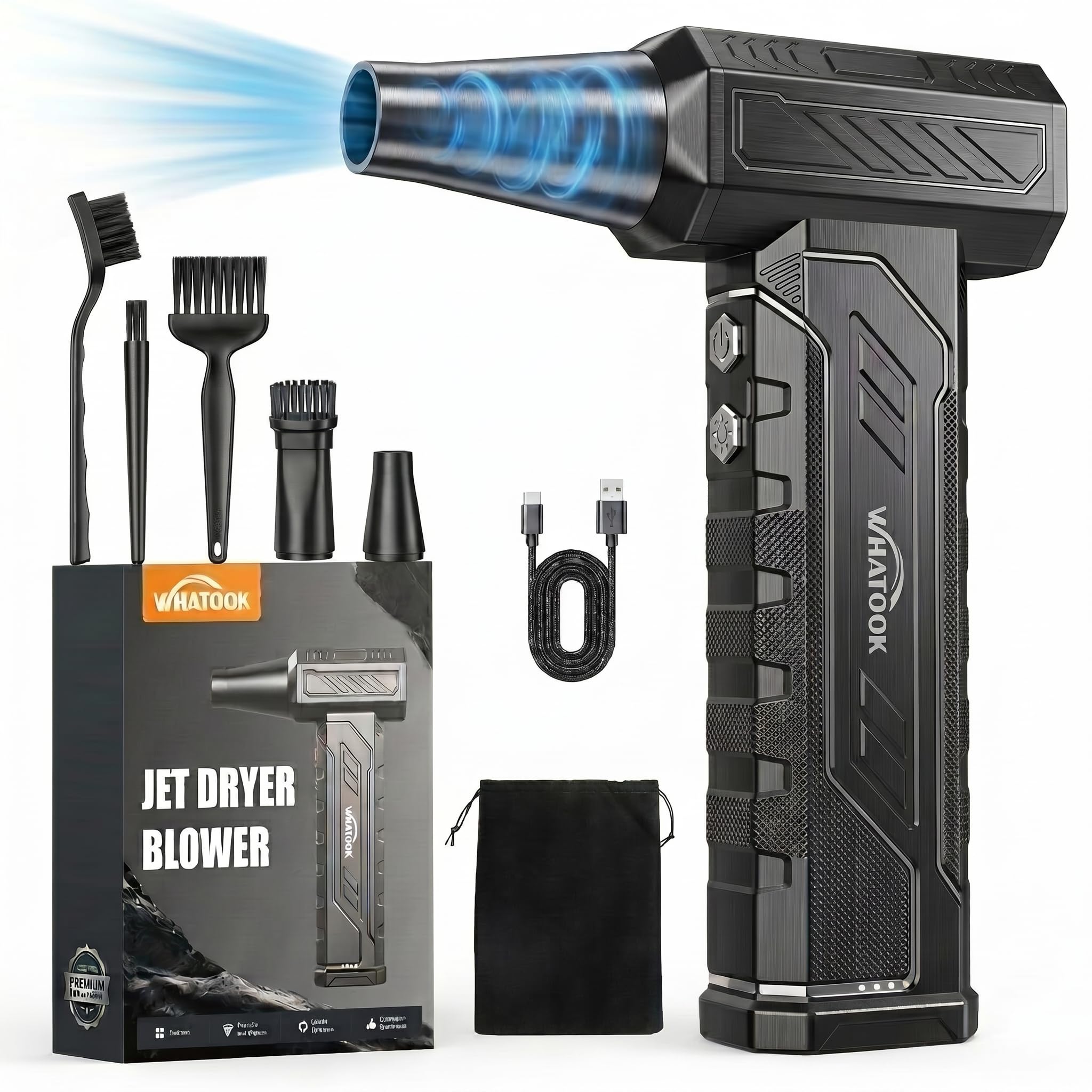 WHATOOK A1 Max Electric Compressed Air Duster: Mini Super Power 4 Gear Adjustable 250000RPM with 8000mAh Battery LED Light Blower, USB-C Rechargeable Dust Blower Cleaner for PC, Keyboard, Car, Outdoor