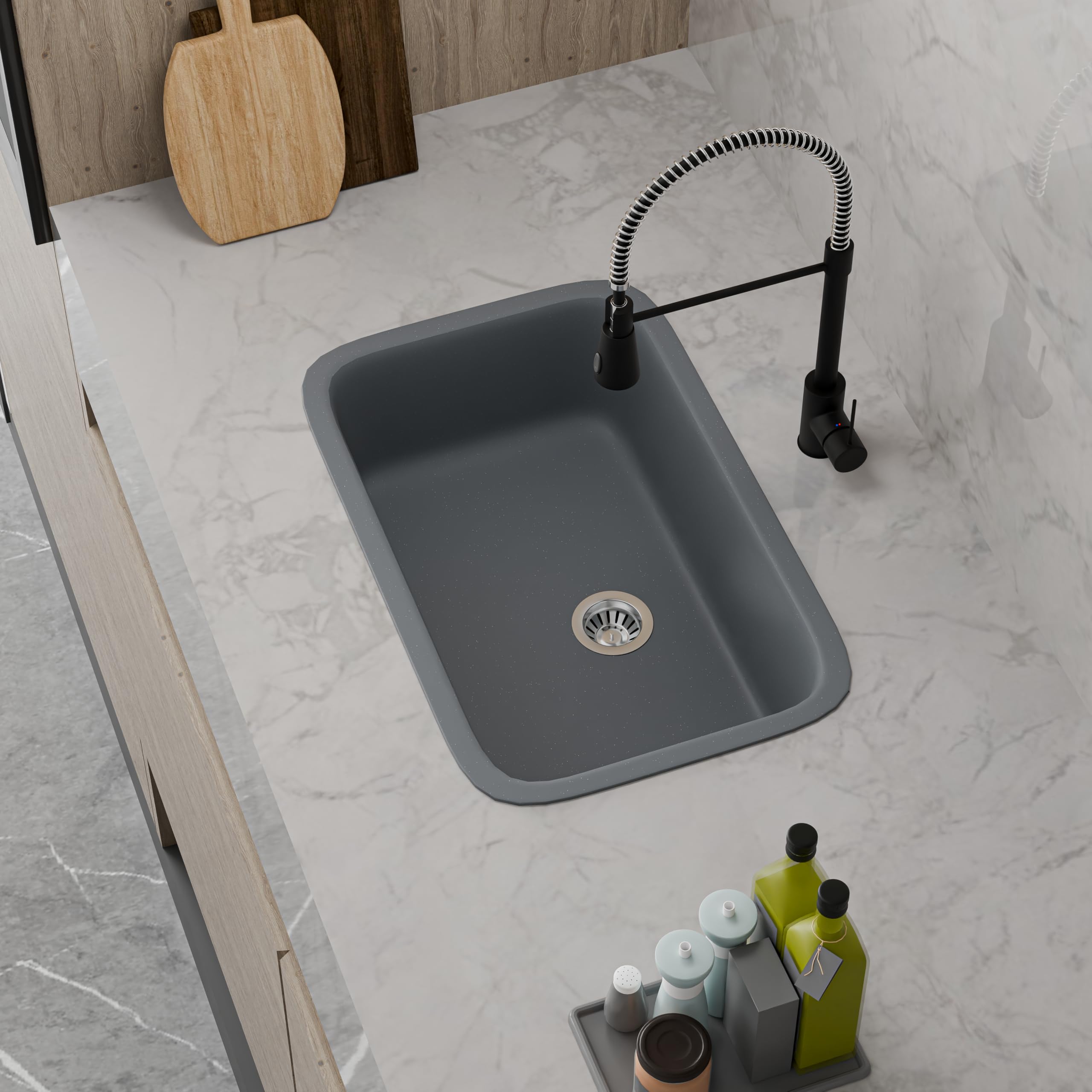 HISRE Quartz Single Bowl Kitchen Sink with Round Corners | 31x19x10 Inches | Noise Reducing Durable Easy to Clean Scratch Resistant Kitchen Sink for Modern Homes | Gray, photo 3 of 5