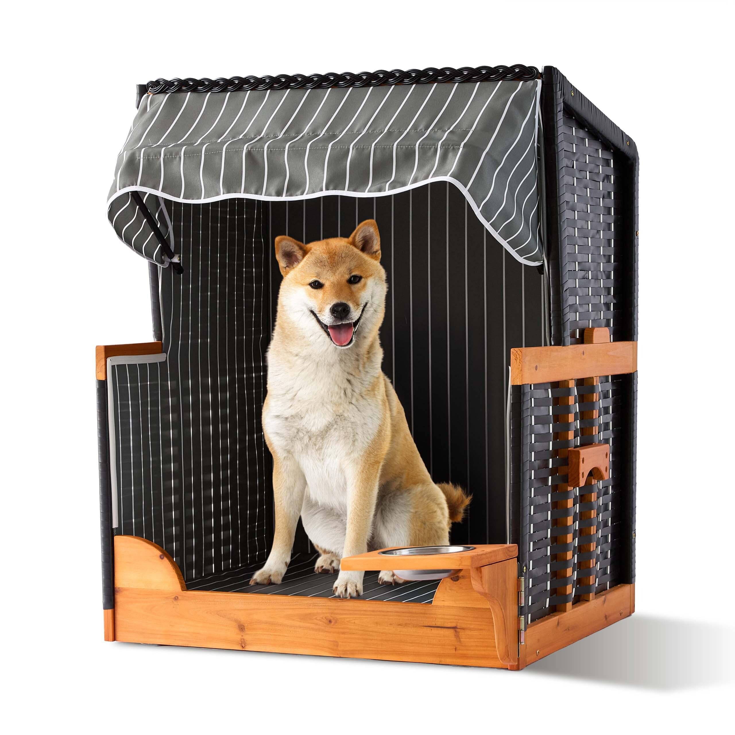 Relaxdays .ano per Cani in Rattan con Ciotola, tettuccio Parasole, 95x75x65 cm, Giardino/terrazza, Grigio