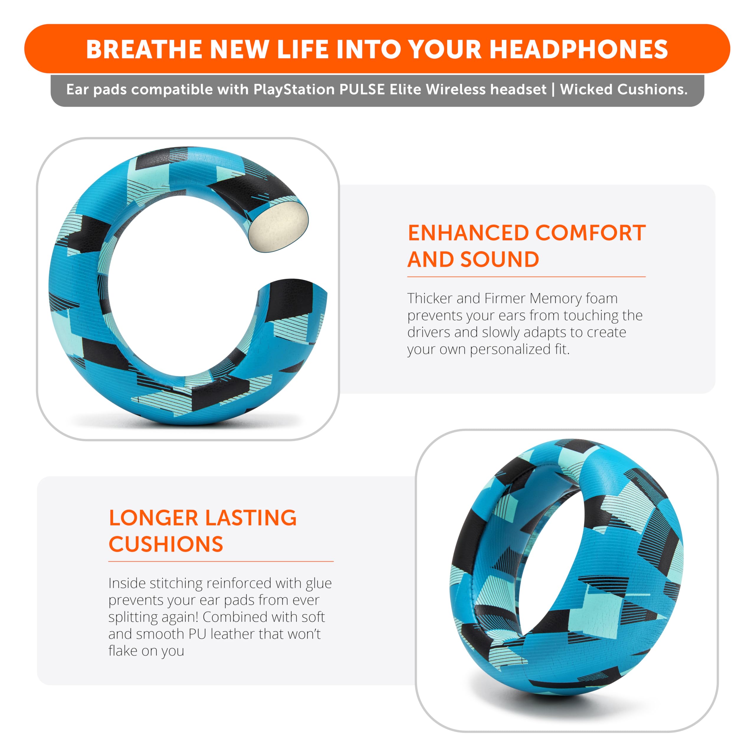 WC PadZ Pulse Elite - Upgraded PU Leather Earpads Compatible with PS5 Pulse Elite by Wicked Cushions, Cyan Prism - Image 4