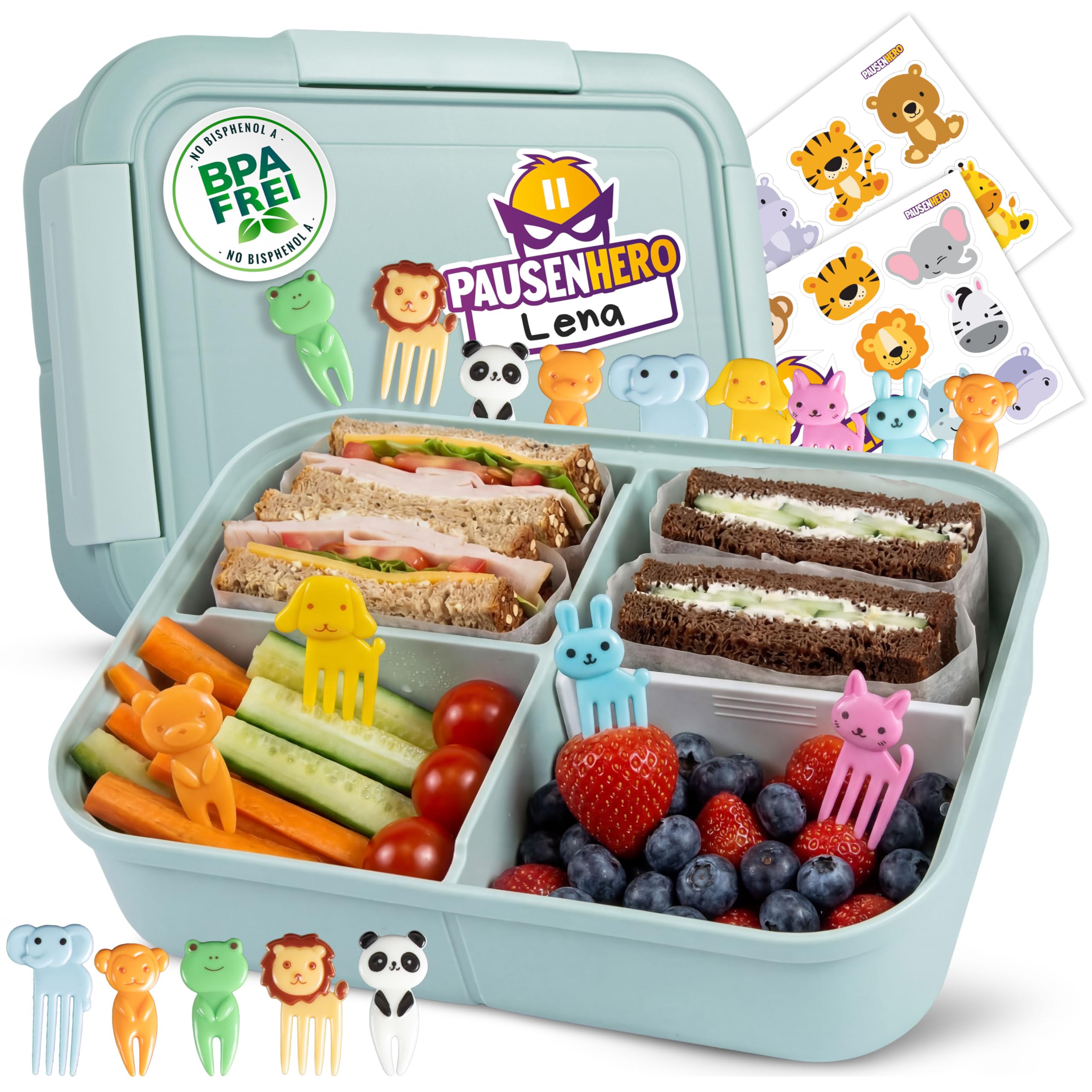Pausenhero Children's Lunch Box with Compartments [Fruit Forks + Sticker Set Green] Lunch Box School Snack Box with Compartments Bento Box Children's Lunch Box Adults Bento Box Children's Lunch Box