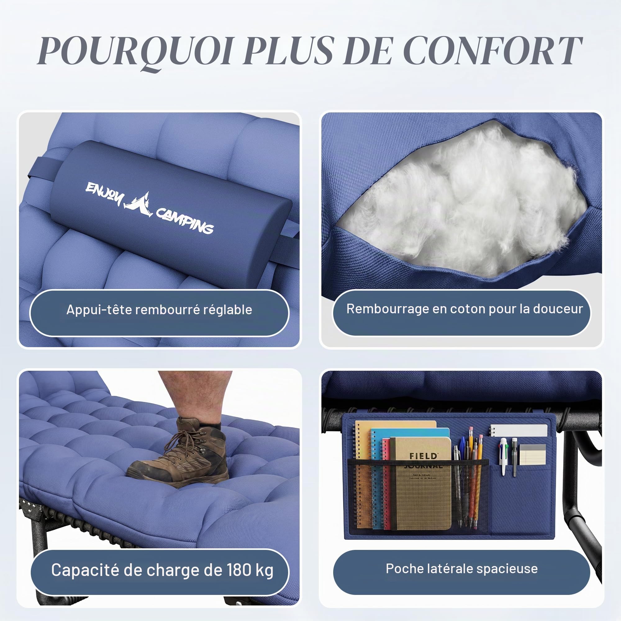 UDPATIO Transat Jardin Extérieur avec Coussin - Bain de Soleil avec Poches Latérales et Appui-tête Adjustable - Chaise Longue Réglable et Pliable (200x69x34 cm) - Bleu