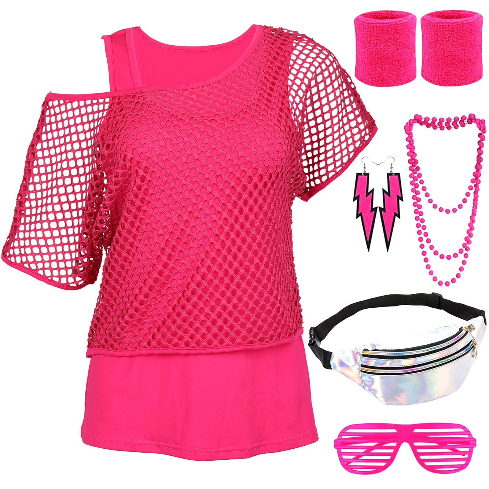 80s Fancy Dress Costumes for Women 80s Mesh Fishnet Top Off the Shoulder Neon Pink Vest Top Accessories 80s Neon Clothes Clothing Outfit for Women 1980s 80 Style Fancy Dress Up Women 80s t Shirts(S)