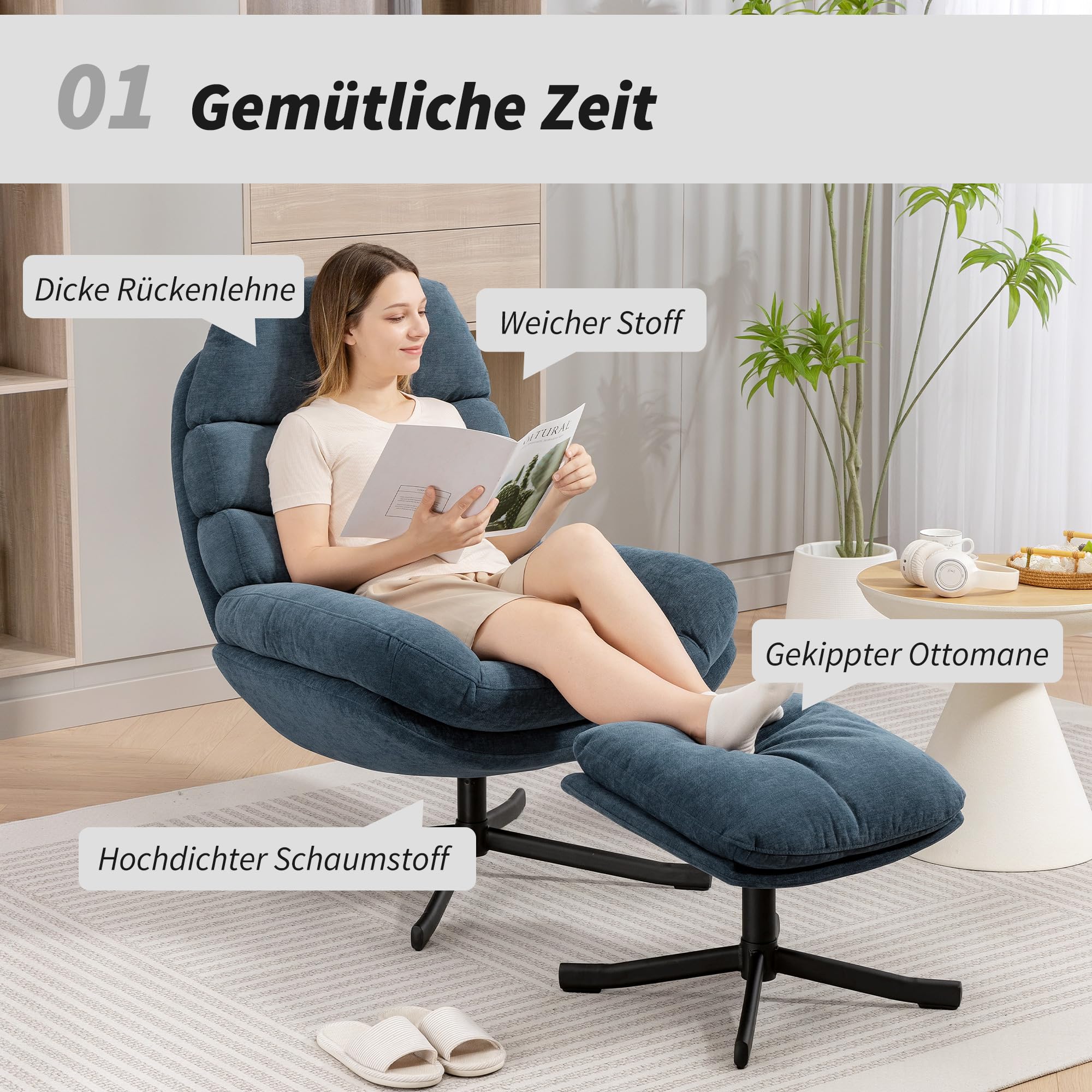 HOMCOM Relaxsessel mit Hocker Sessel Loungesessel mit Chenille-Optik breiter Sitzfläche Drehbar Polstersessel Armlehnensessel für Wohnzimmer, Schlafzimmer, Blau
