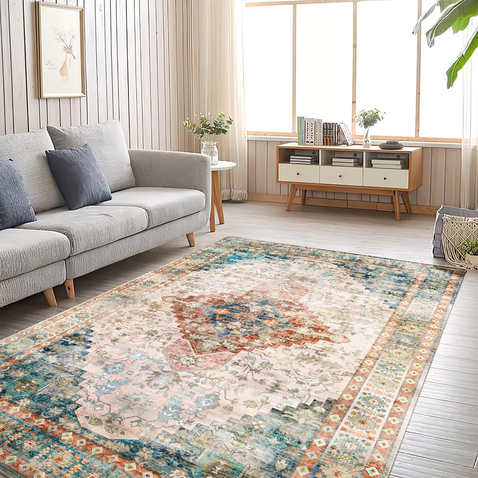 6x9 Area Rugs for Living Room Vintage Rug 6x9 Area Rug Machine Washable Rugs Non Slip No Pile Carpet Bohemian Distressed Area Rug for Living Room Bedroom brownblue