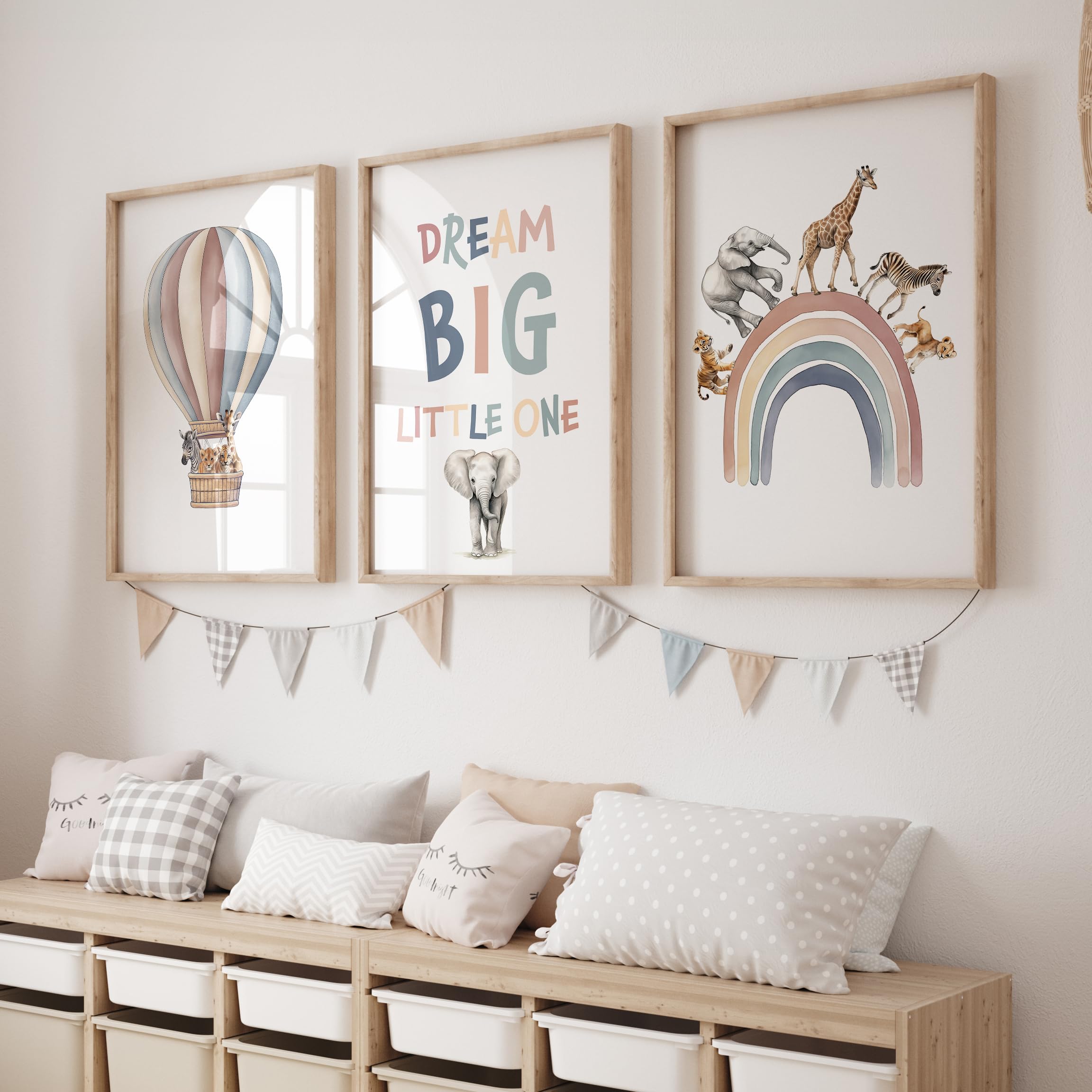 Rose Rowan Design Safari Animal Set of 3 Prints for Nursery, Rainbow Wall Art for Baby Bedroom, Nursery Decor, Hot Air Balloon, Dream Big Little One - Netural, A4