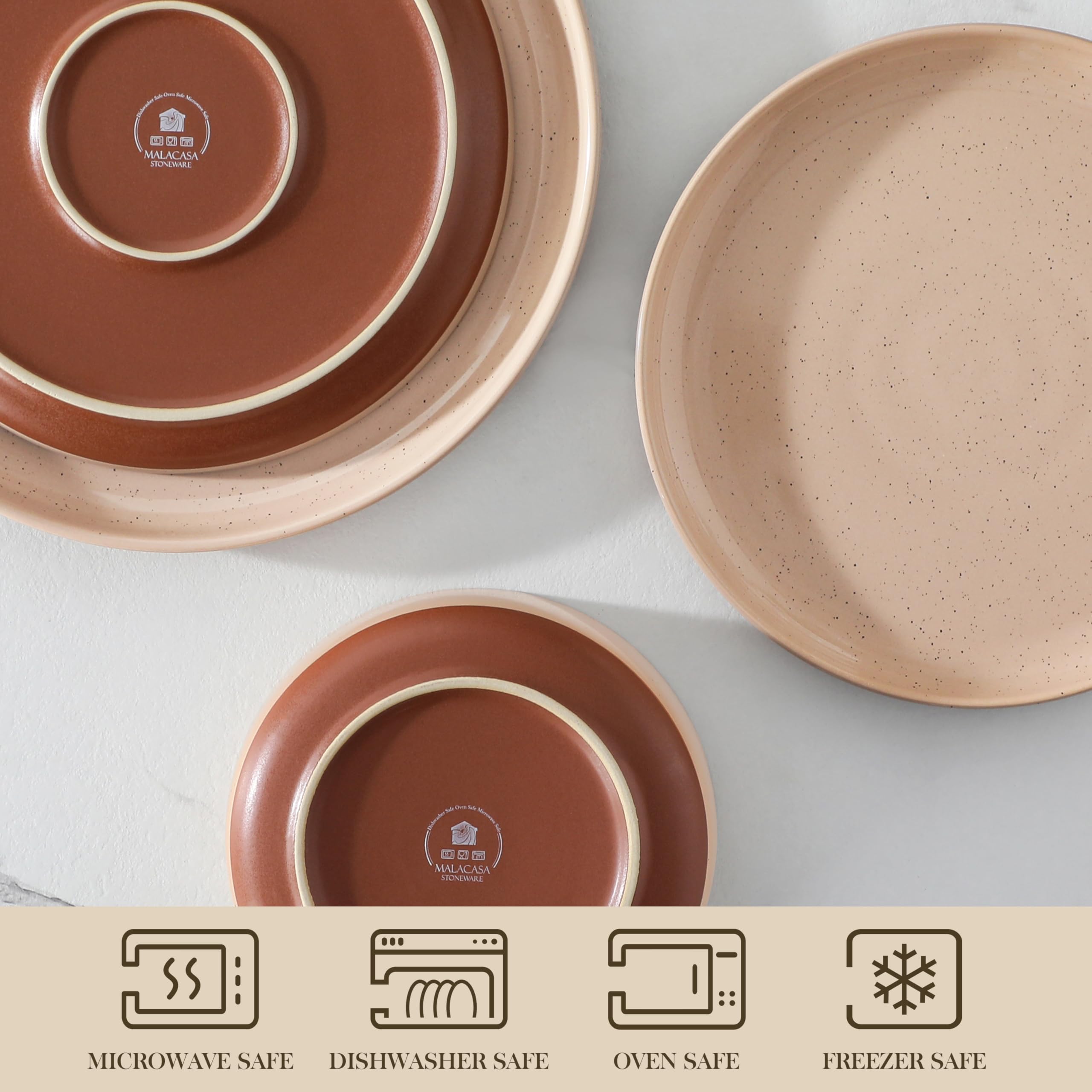 MALACASA Juego de platos y cuencos, juego de vajilla moderna de cerámica de 12 piezas para 4 platos de cocina, juego de vajilla de cerámica, apto para microondas y lavavajillas, rosa, serie TARA