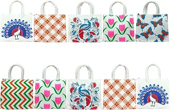 Multi Designs White Canvas Tote Bag with Zipper| Elegantly Printed Bags for Thamboolam, Wedding Return Gifts, Occassional Carry.8x5x9 inches