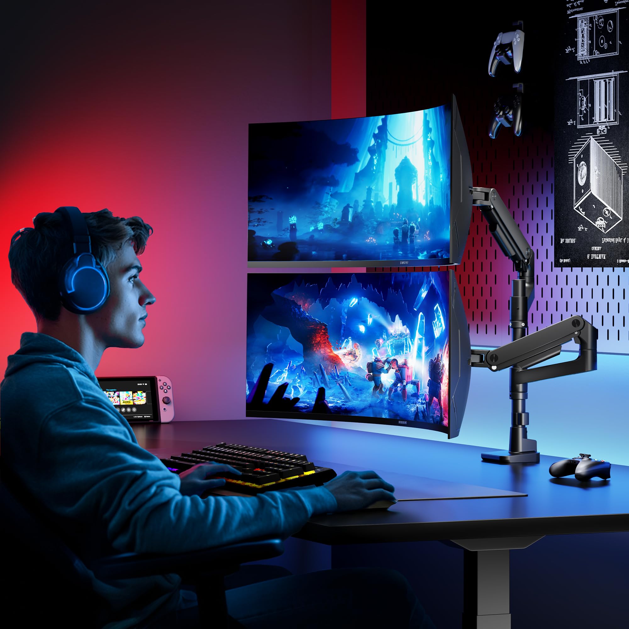 ARES WING Supporto per monitor per 2 monitor da 17-49", Nero | Braccio per Monitor Doppio, 2-20 kg/braccio, con molla a gas, VESA 75/100 mm