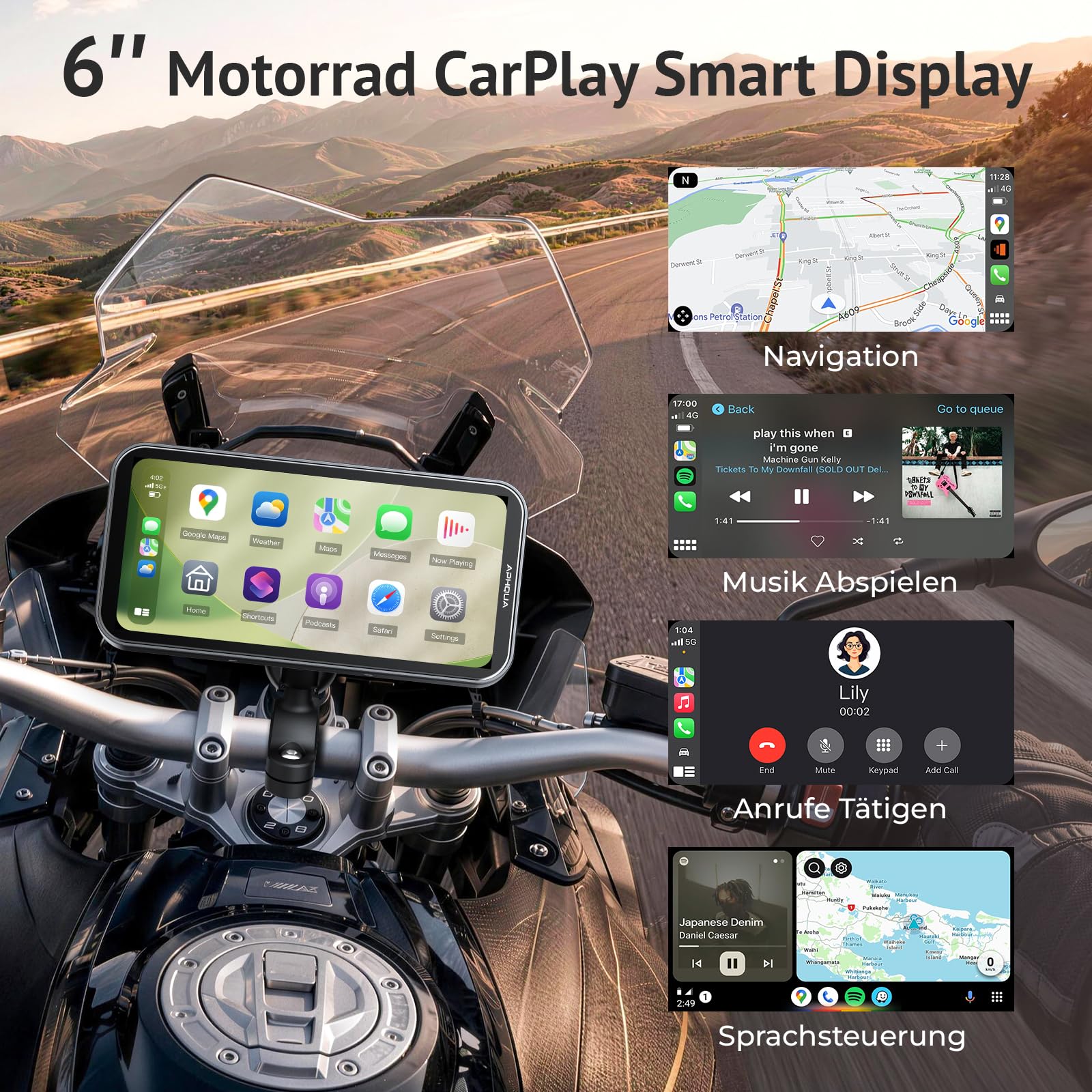 Motorrad CarPlay Display 6.25 Zoll, IP67 Wasserdicht, TPMS, USB/Acc | kabelloses CarPlay und Android Auto, (TPMS), Dual-Bluetooth, GPS, USB/Acc-Stromversorgung