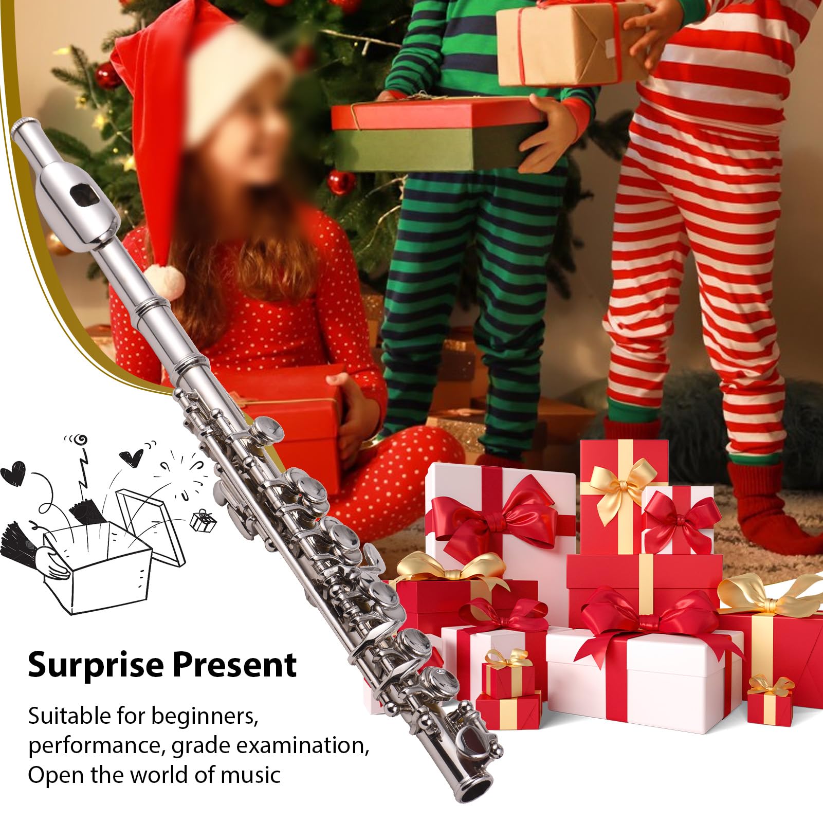Weiß Kupfer Piccolo Instrument, C-Ton, Anfänger-Set mit Koffer, Reinigungsstab, Tuch und Fäustling, für Schüler, Bühne oder Prüfung