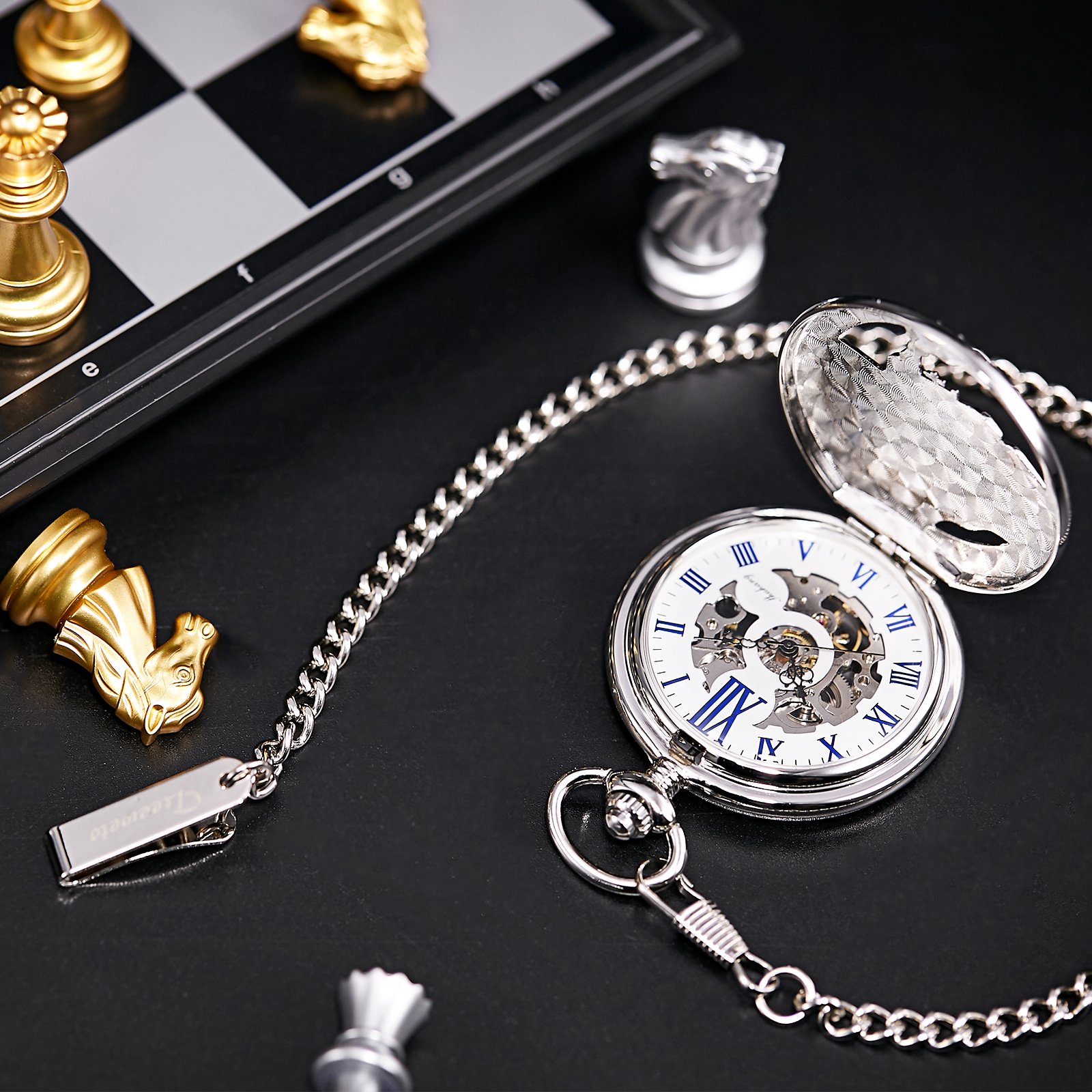 TREEWETO Antique Mens Pocket Watch Skeleton Mechanical Hollow Bronze Case 3D Steam Train Railroad Roman Numerals