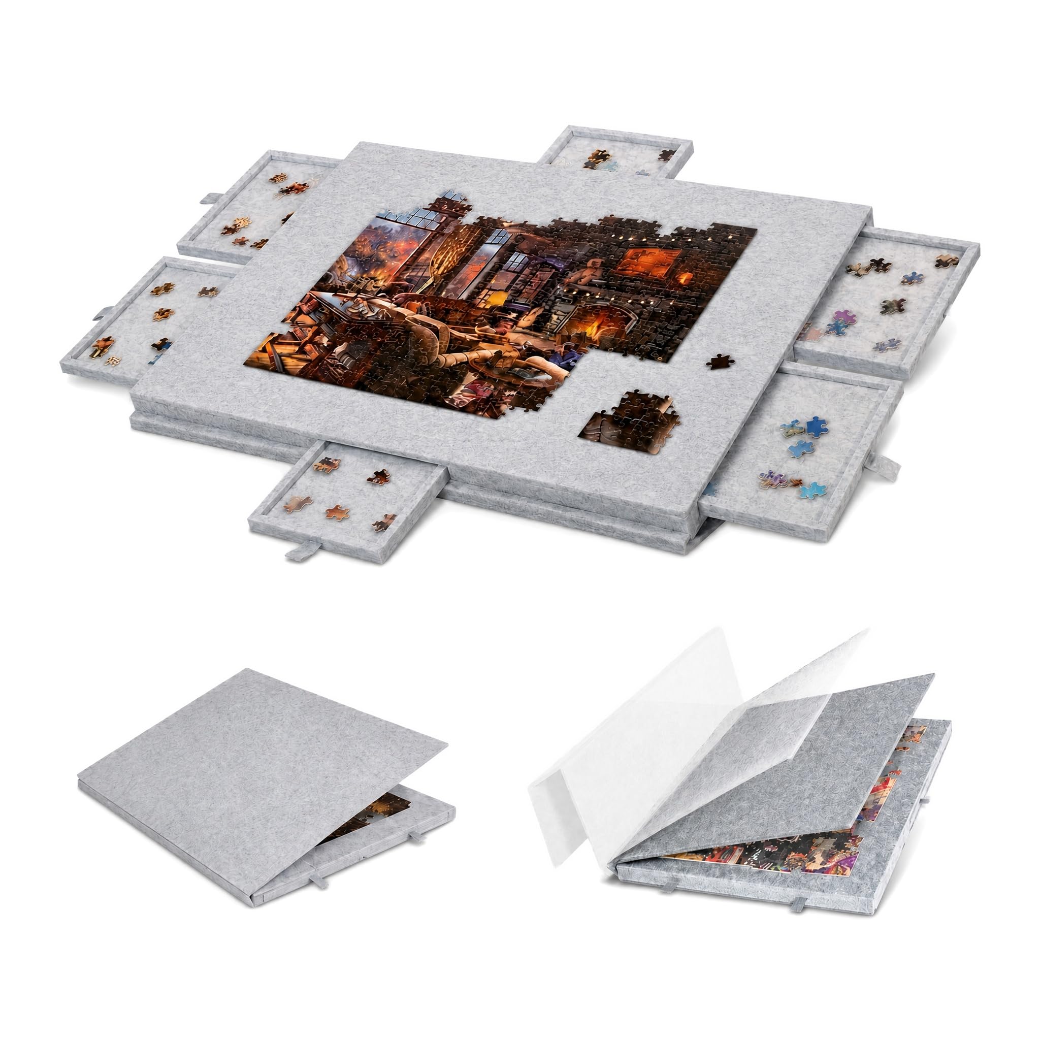 Jigsaw Puzzle Board with 2-in-1 Stand Cover,6 Drawers Felt Puzzle Table for 1000 Pieces,Tilting Portable Puzzle Mat with Anti-Slip Surface,Puzzle Storage Organizer for Adults,Grey(77x53.6x4.2cm)
