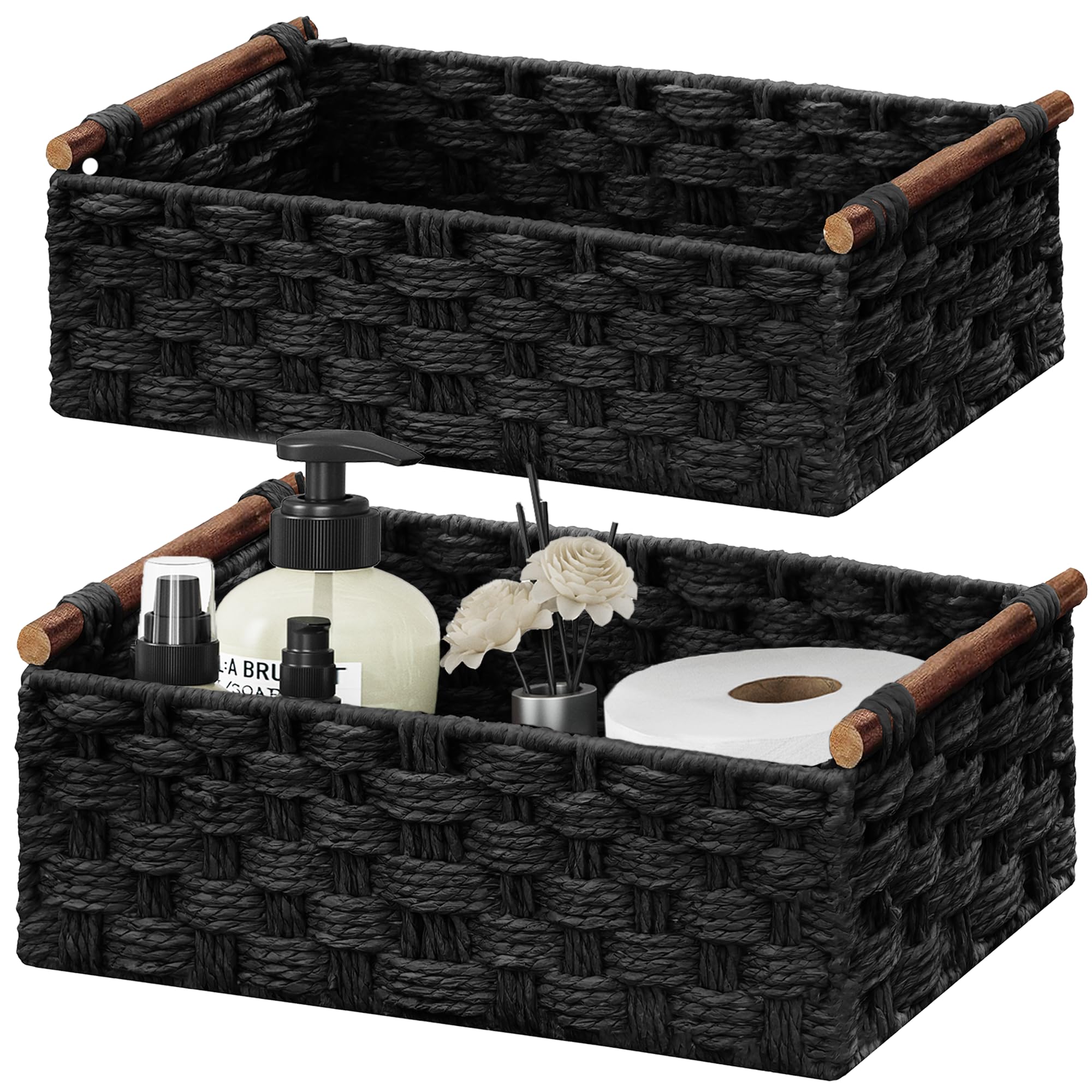 Vagusicc Wicker Storage Basket with Handle, Set of 2 Handwoven Paper Rope Storage Basket for Shelves, Gift Organiser Storage Basket,Toilet Paper Basket, Storage Basket Bathroom, Black, S&M