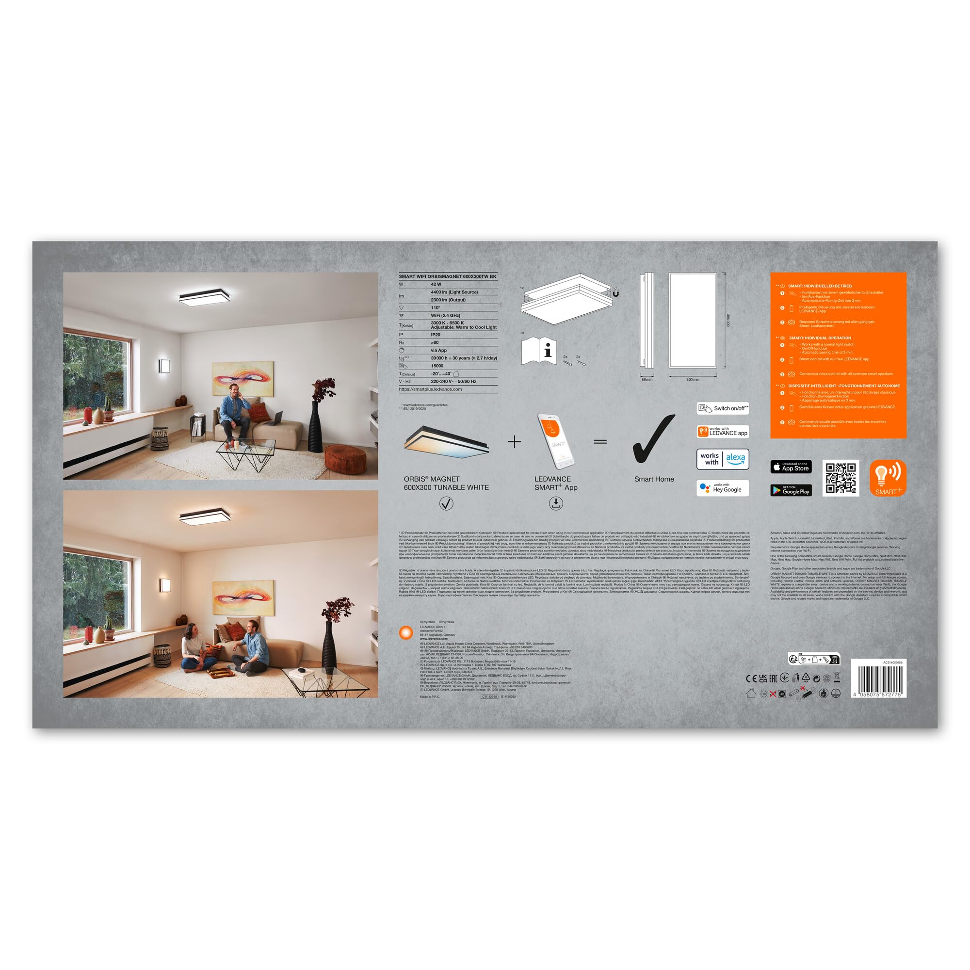 LEDVANCE ORBIS MAGNET SMART+ Wi-Fi 60x30cm, dimmbare LED Deckenleuchte für den Innenbereich, 42W, Farbtemperatur 3000-6500K, 4200 Lumen, Design-Lampe mit innovativem Magnetrahmen, schwarz