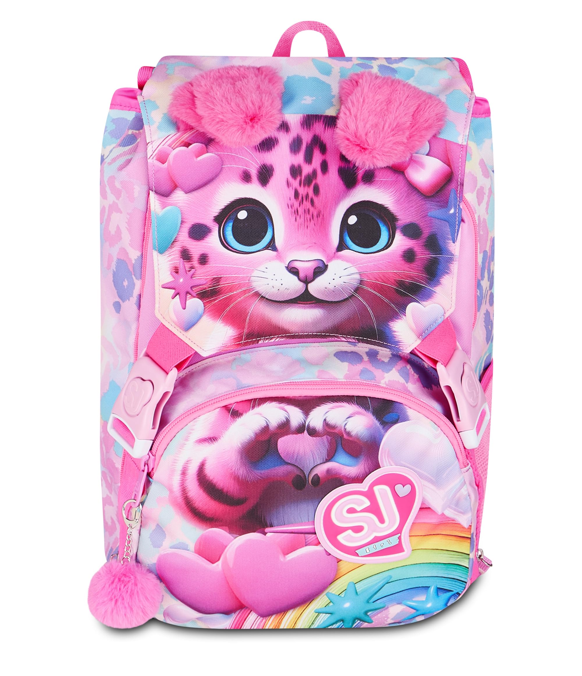 SJ GANG STYLE JAM GANG Zaino Scuola Estensibile Big HEART BUDDY GIRL, Rosa, 24 L, Zip laterali, Orecchie gatto morbide sollevabili, Tasca portaborraccia, Scuola elementare e media, Bambina, Ragazza