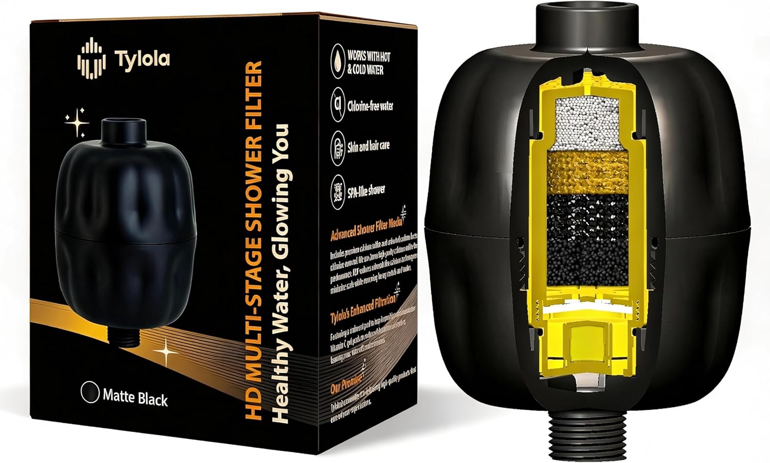 Shower Filter for Hard Water – Removes Chlorine, Heavy Metals & Impurities, Softens Hair & Skin, Eczema Relief, Easy Installation, Long-Lasting Cartridge – by Tylola