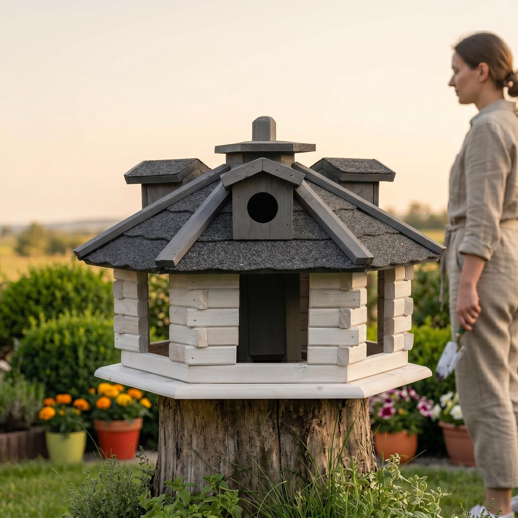 Mucola Vogelfutterhaus Vogelhaus 6-eckig mit Futtersilo 48 cm Weiß Grau | Wetterfest für ganzjährige Fütterung, Montage an Baum, Pfosten oder Wand, für Meisen, Finken und Spatzen, leicht zu reinigen