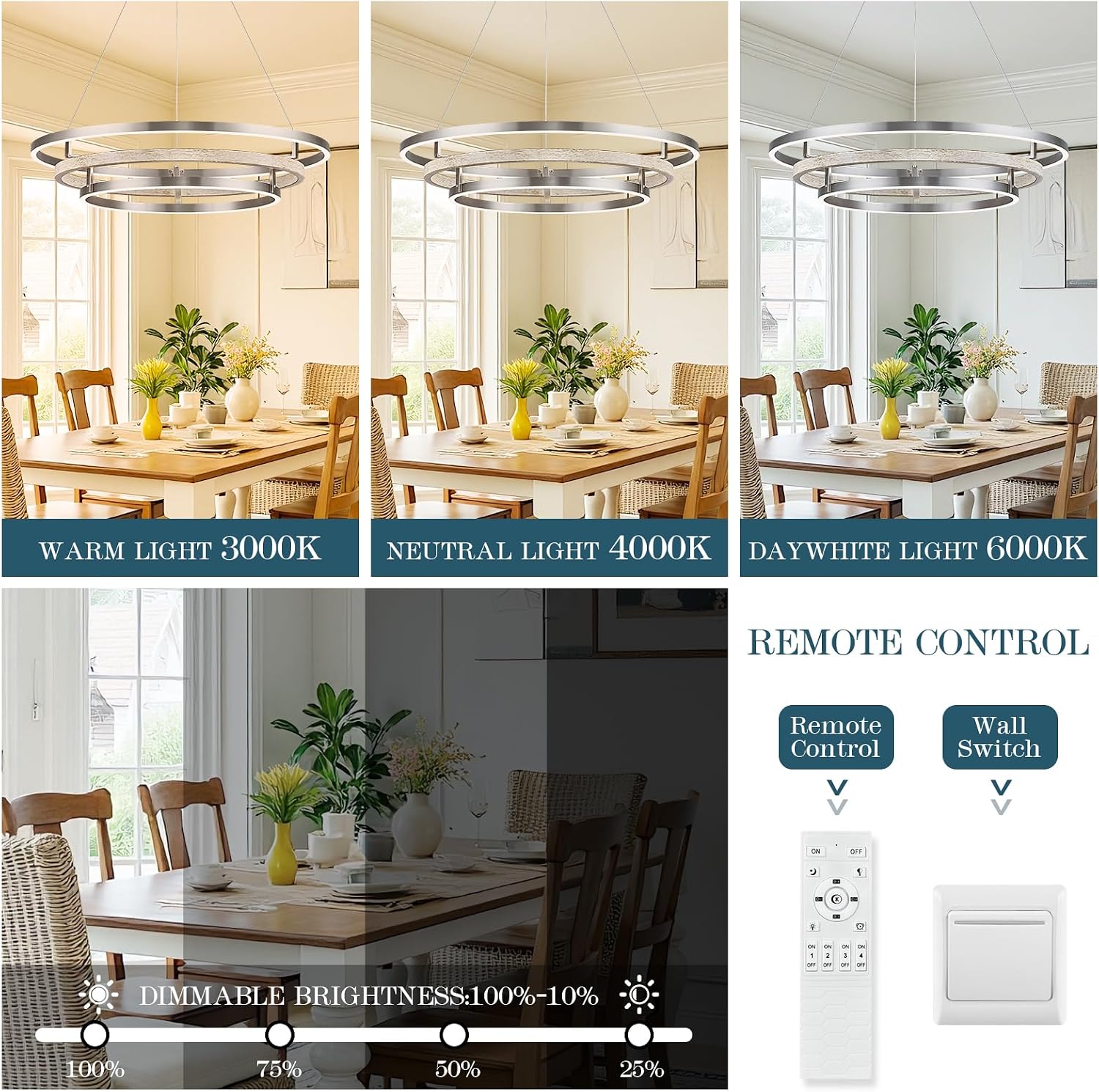3 Ring LED Chandelier Nickel Round Chandelier Light Fixture 31in Dimmable Modern Entry Chandeliers Weathered Wood Circular Light for Foyer Dining Room Bedroom Office Living Room
