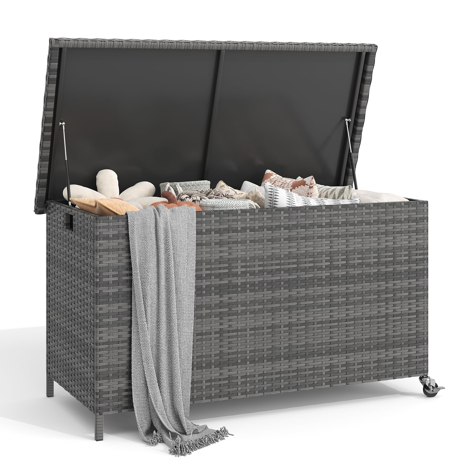 UDPATIO Gartenbox Wasserdicht XXL 310L | Auflagenbox Wetterfeste mit Gasdruckfeder |Polyrattan | Garten aufbewahrungsbox mit Deckel |Rollbar | Kissenbox Outdoor | Grau