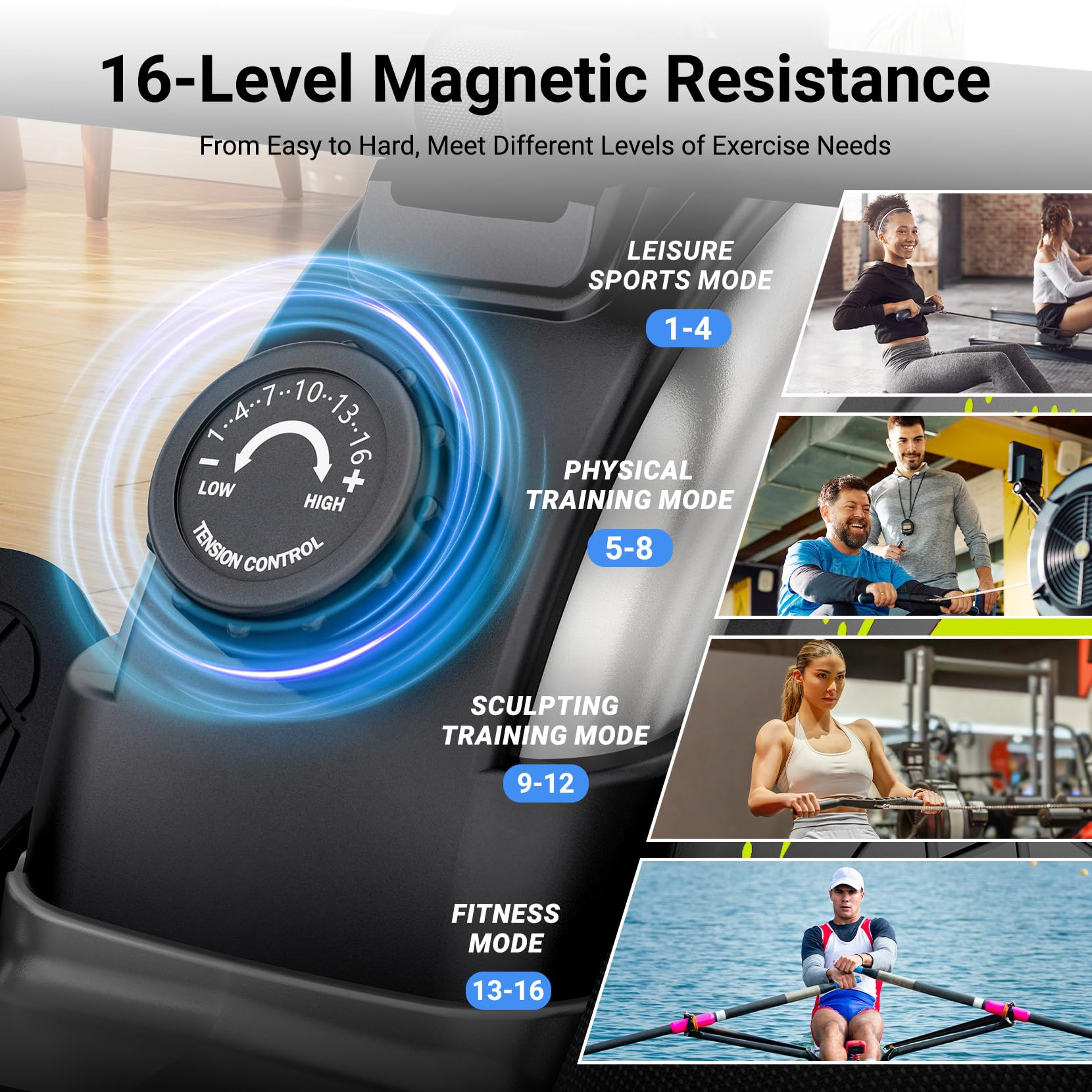 Dripex Rowing Machines for Home, Upgraded Rowing Machine Magnetic Rower, Max 360 LBS, 16 Levels of Workout Resistance, Dual Slide Rail, App Compatible, LCD Monitor, Row Machine for Gym Exercise view 2